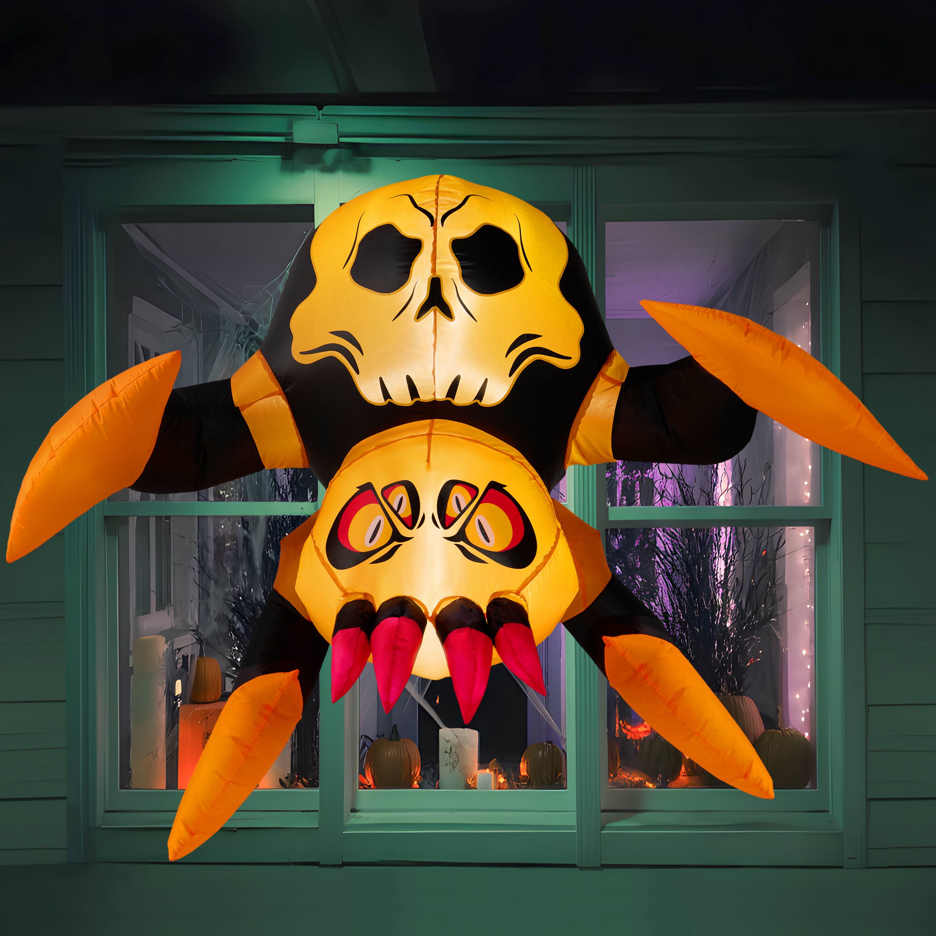 Angle. Joyfy - 4ft Inflatable Spider Window Decoration – Stuck Blow Up Spider with LED Light for Halloween Yard, Garden, House Outdoor - Black.