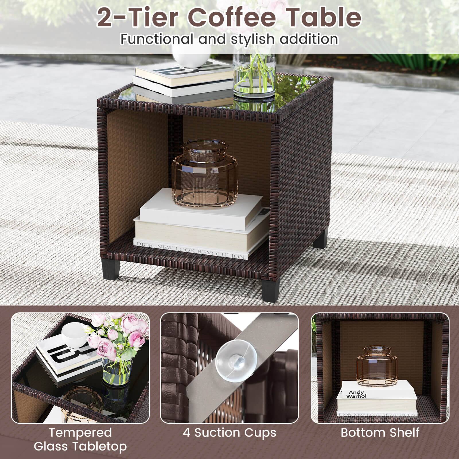 2-Tier Coffee Table Functional and stylish addition Tempered Glass Tabletop 4 Suction Cups Bottom Shelf