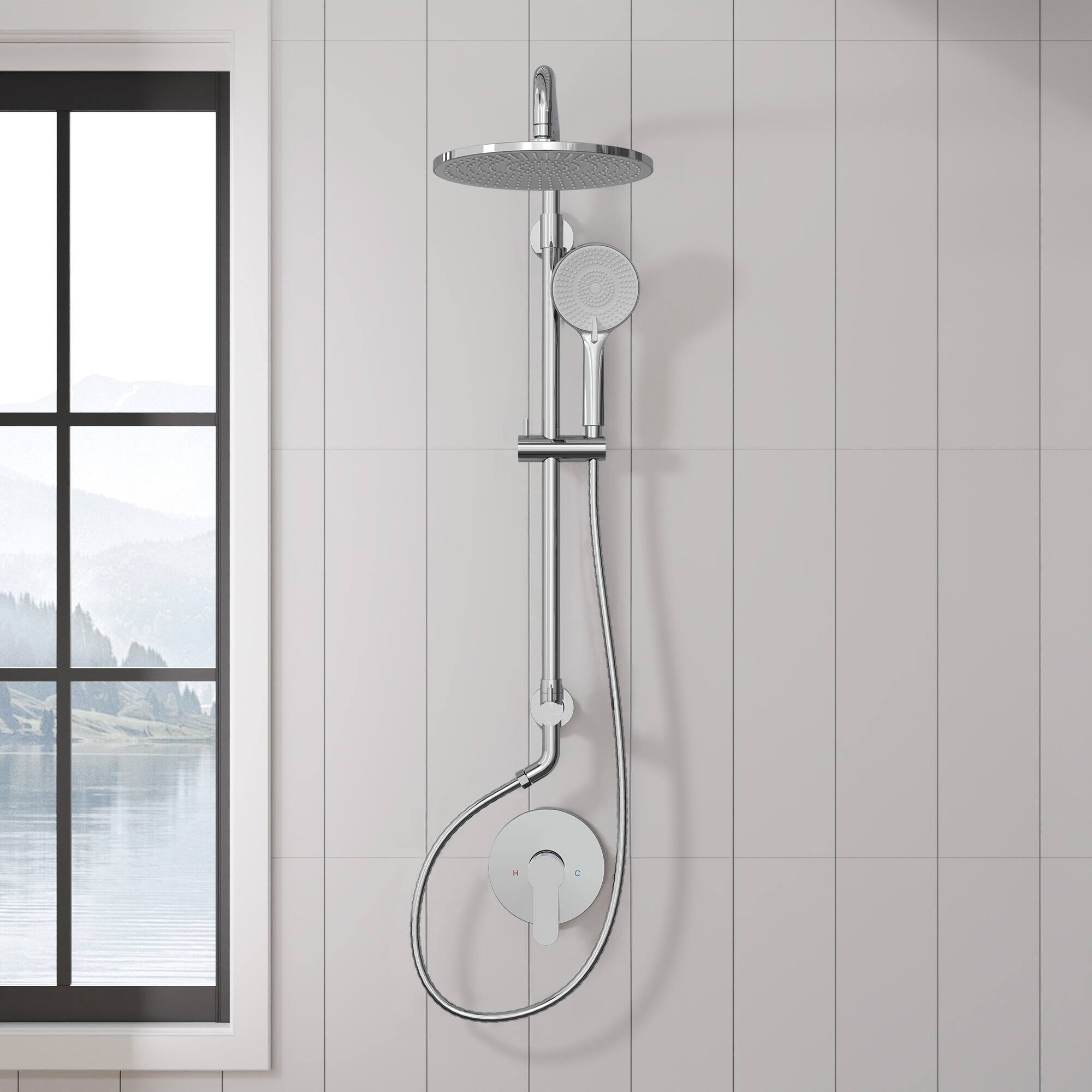 Front. GRANDJOY - Exposed Pipe Shower System with 10 in Round Rain Head and Simultaneous Dual-Flow Handheld Sprayer - Chrome.