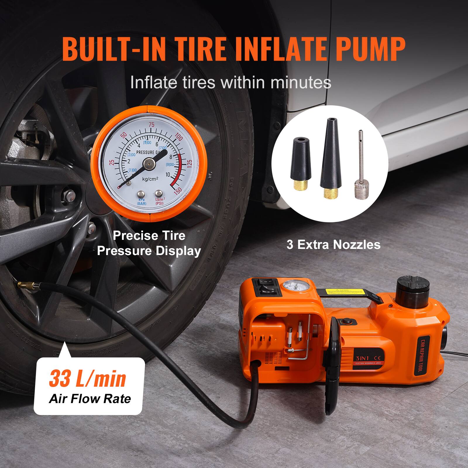 BUILT-IN TIRE INFLATE PUMP

Inflate tires within minutes

Precise Tire Pressure Display

3 Extra Nozzles

33 L/min Air Flow Rate