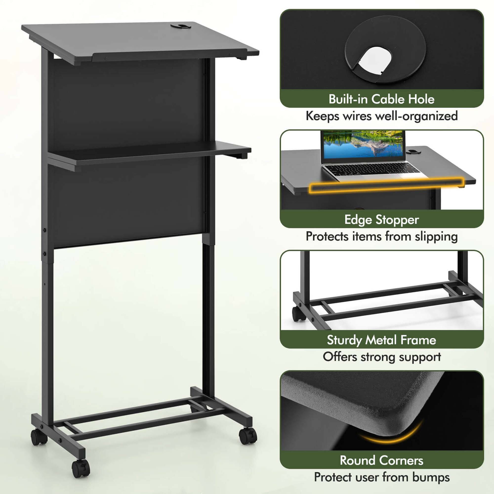 Built-in Cable Hole Keeps wires well-organized  
Edge Stopper Protects items from slipping  
Sturdy Metal Frame Offers strong support  
Round Corners Protect user from bumps