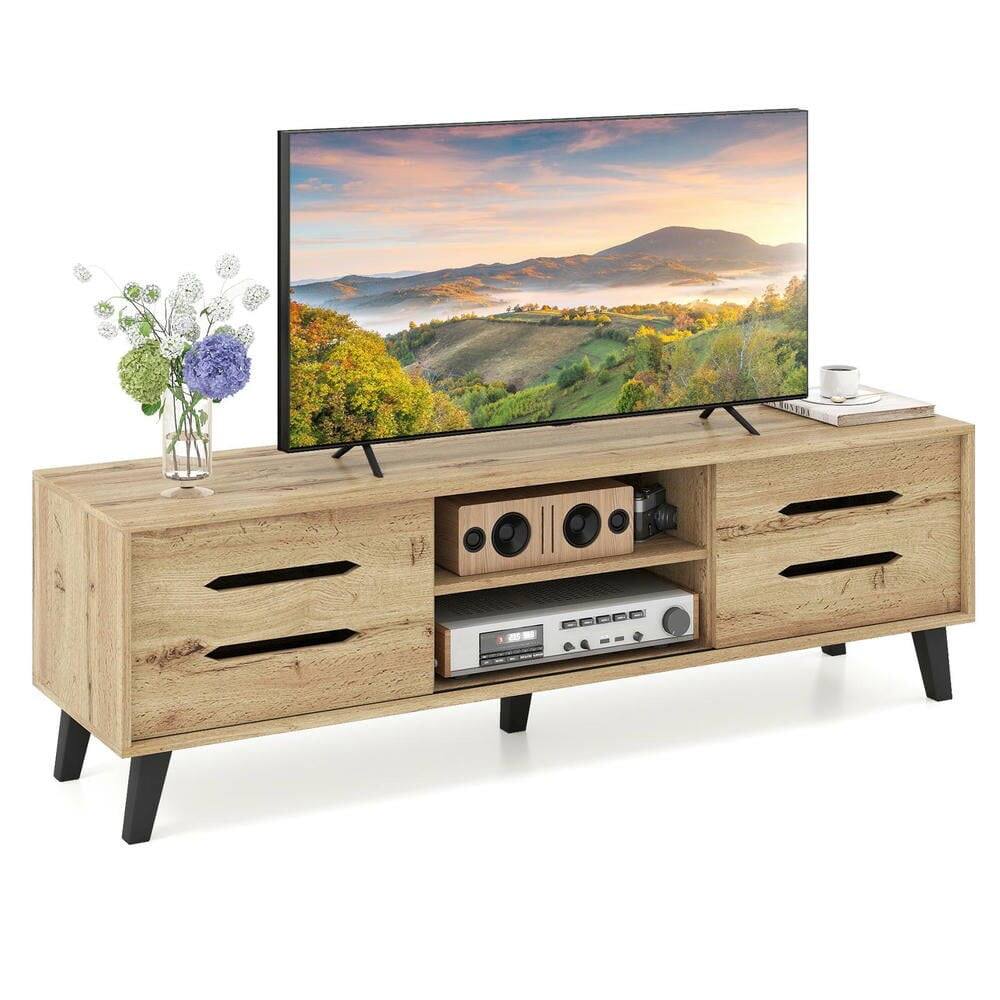 Back. Kadyn - Mid-Century TV Stand for 65-Inch TVs with Sliding Doors, Natural Finish - Brown.