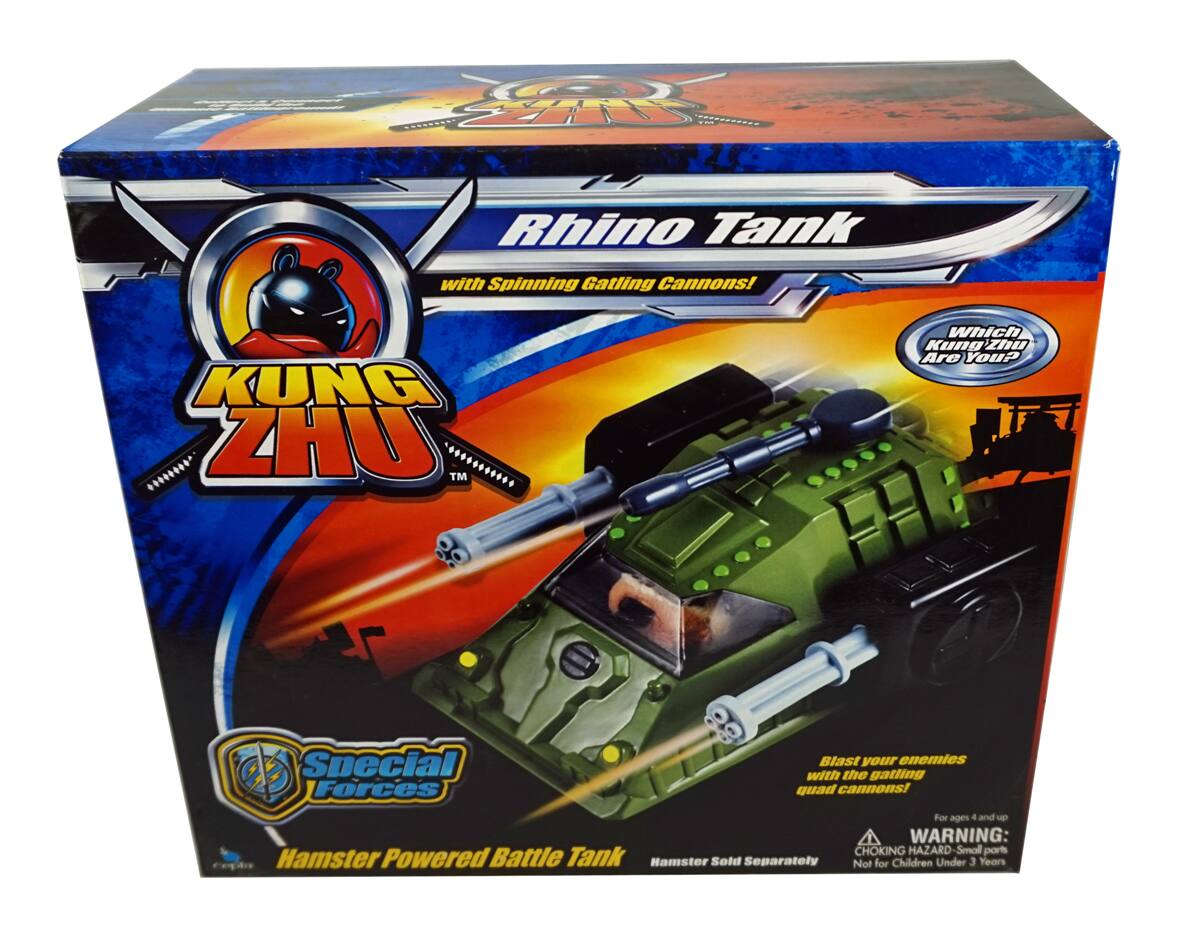 Sure, here is the corrected and grouped text from the image:

---

**KUNG ZHU**

**Rhino Tank with Spinning Gatling Cannons!**

**Which Kung Zhu Are You?**

**Special Forces**

**Hamster Powered Battle Tank**

**Hamster Sold Separately**

**Blast your enemies with the gatling quad cannons!**

**For ages 4 and up**

**WARNING: CHOKING HAZARD - Small parts. Not for Children Under 3 Years**

---