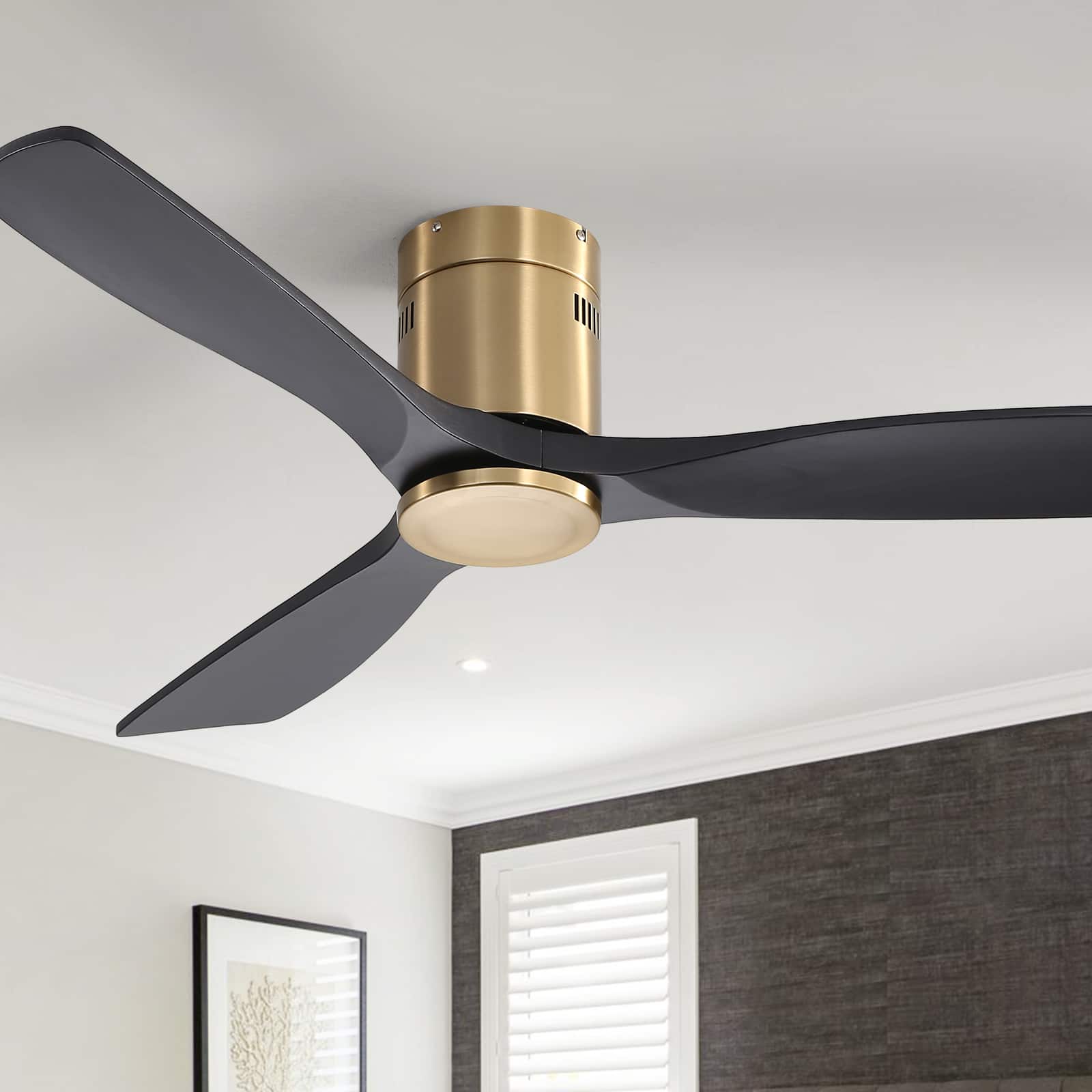 Front. Sofucor - 52 Inch Solid Wood Flush Mount Ceiling Fan With Remote Indoor/Outdoor Ceiling Fans Reversible DC Motor for Bedroom Patio - Gold-black.
