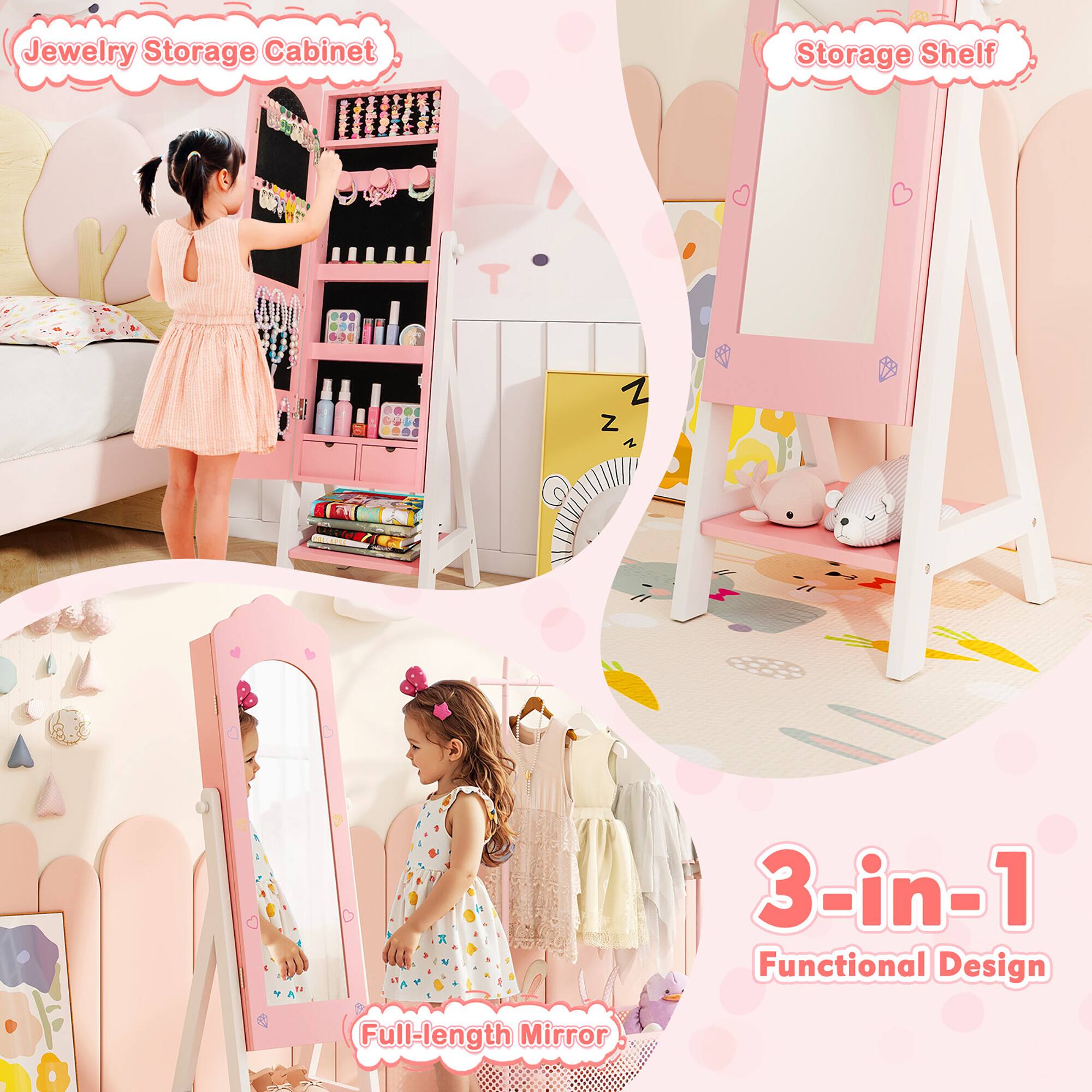 Jewelry Storage Cabinet  
Storage Shelf  
Full-length Mirror  
3-in-1 Functional Design