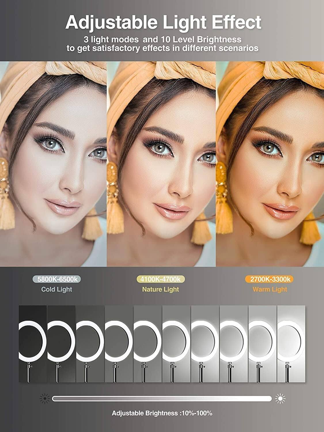 Adjustable Light Effect  
3 light modes and 10 Level Brightness to get satisfactory effects in different scenarios  

5800K-6500K Cold Light  
4100K-4700K Nature Light  
2700K-3300K Warm Light  

Adjustable Brightness: 10%-100%