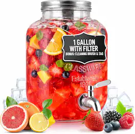Zulay Kitchen - 1 Gallon Glass Drink Dispenser with Spout Lid and Stainless Steel Filter - Clear