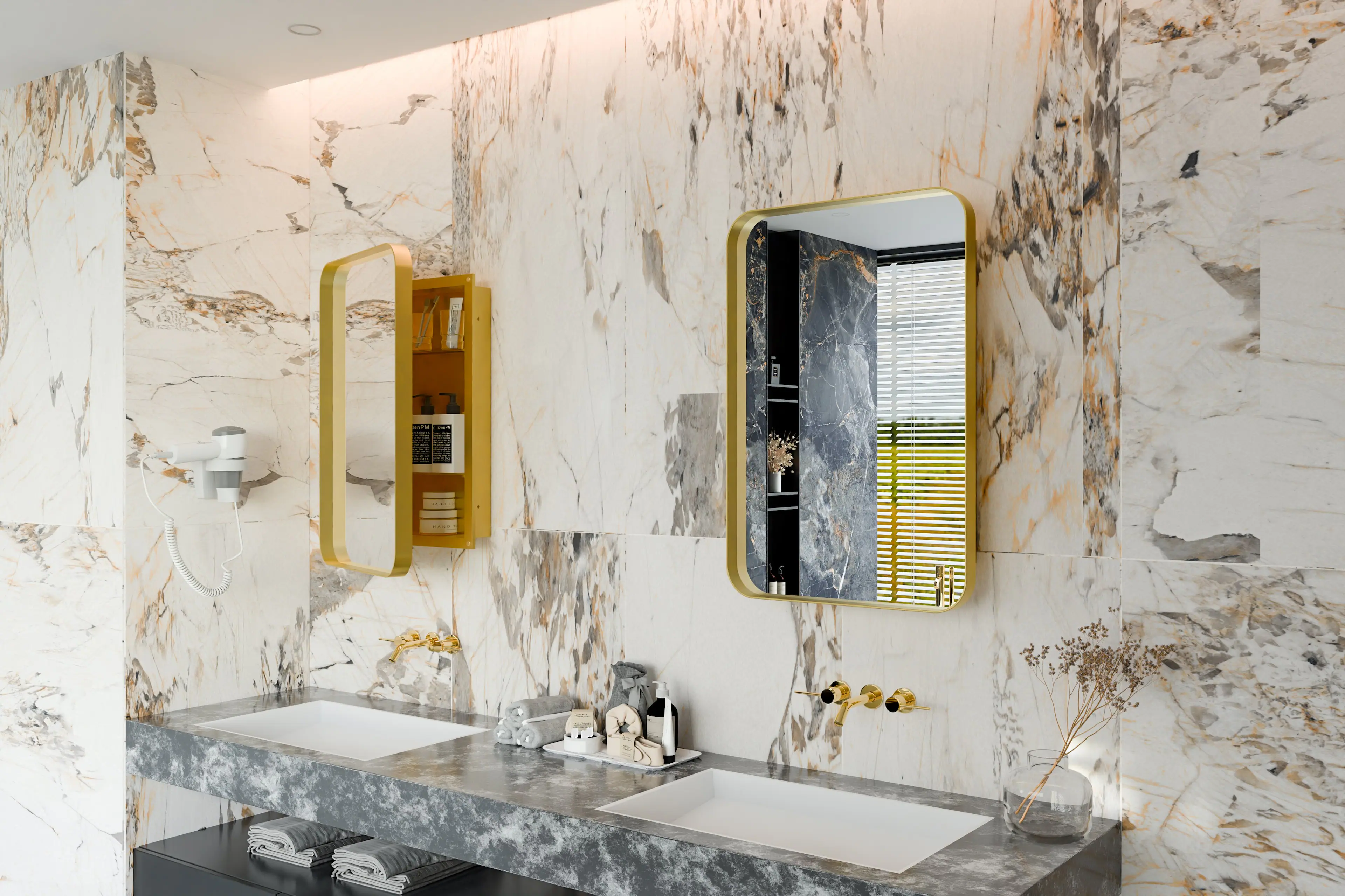 Alt View 1. TinyHomie - 20x30Inch Recessed Metal Framed Medicine Cabinet with Mirror and Adjustable Shelves Black Wall Mirror with Storage - Gold.