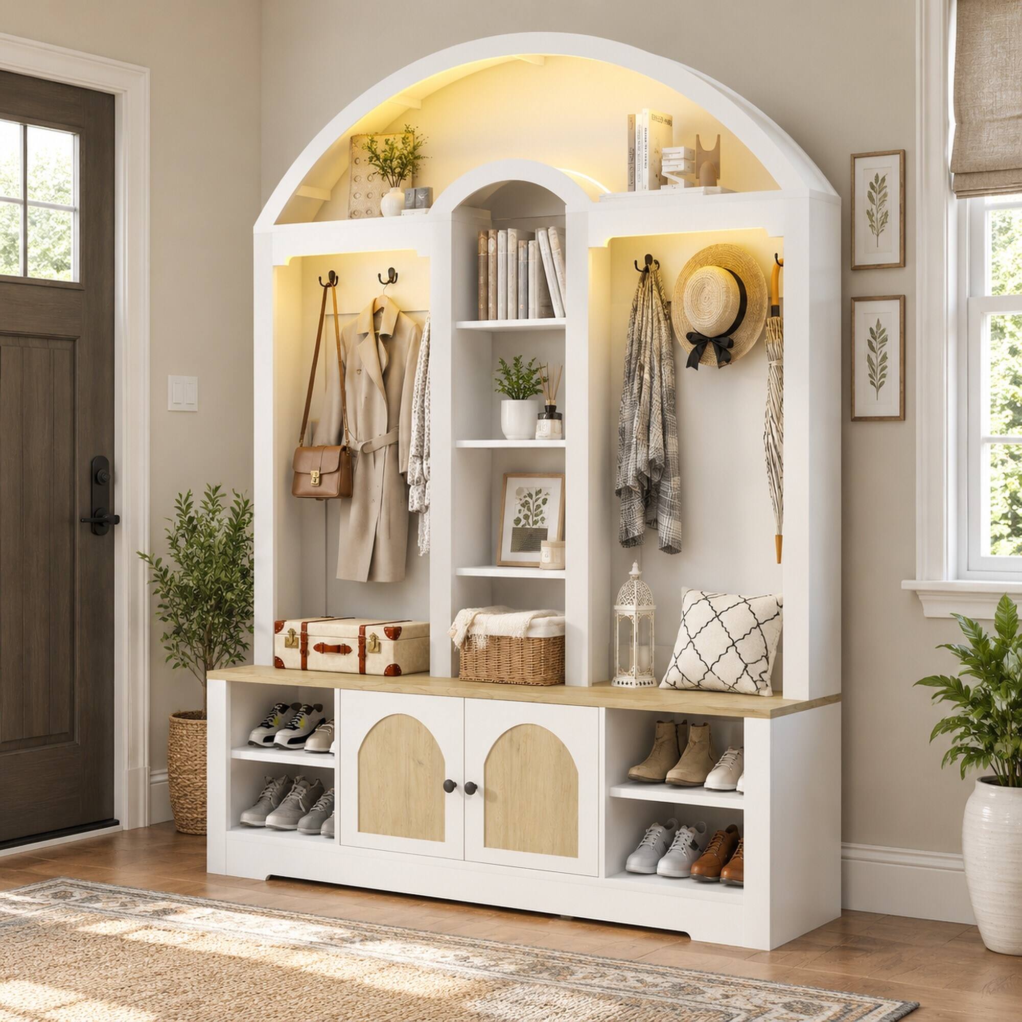 RYHNUYNE Curved Hall Tree Wardrobe, MDF Entryway Storage Cabinet, 59 in ...