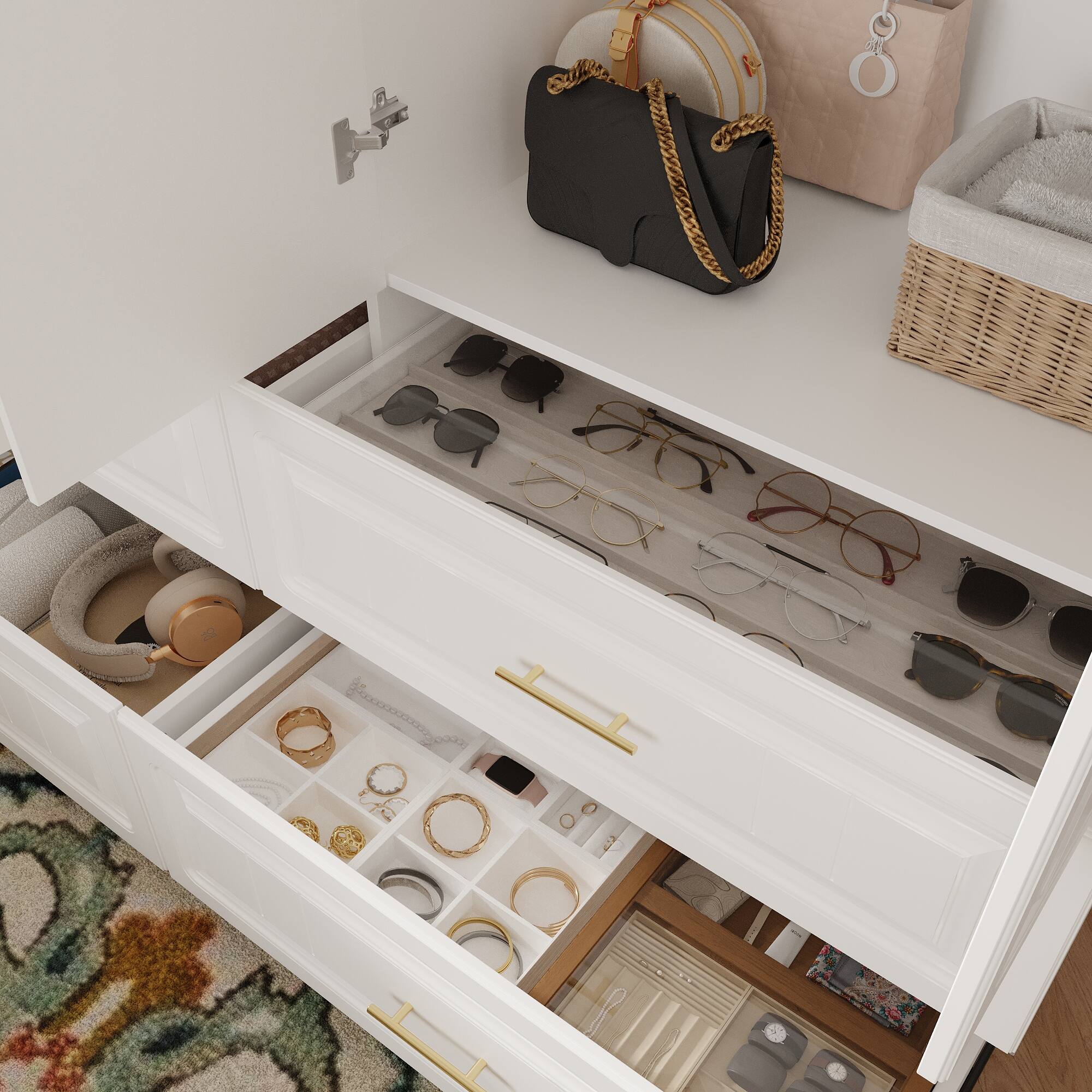 Alt View 8. FUFU&GAGA - FUFU&GAGA 4 - Door Wardrobe: Elegant Storage with Gold Accents & Smooth Drawers - White.