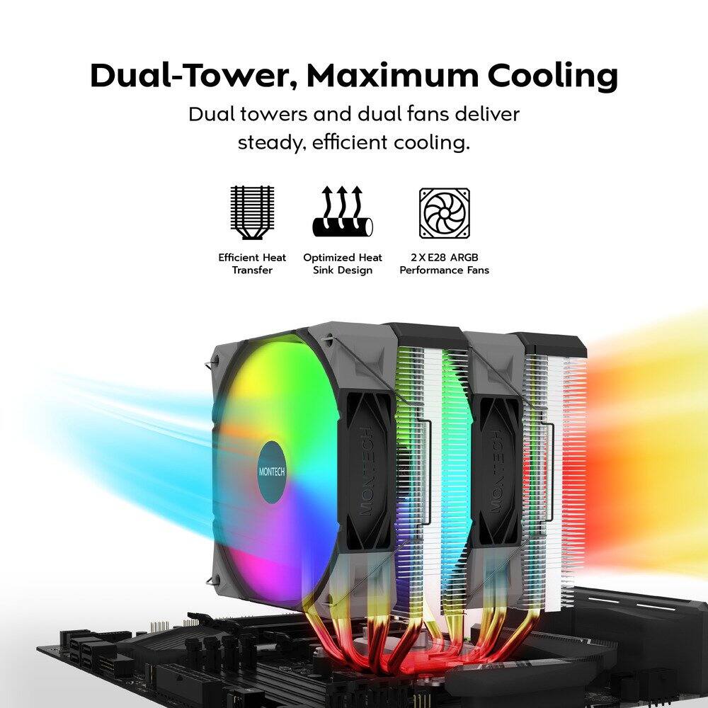 Dual-Tower, Maximum Cooling

Dual towers and dual fans deliver steady, efficient cooling.

- Efficient Heat Transfer
- Optimized Heat Sink Design
- 2X E28 ARGB Performance Fans