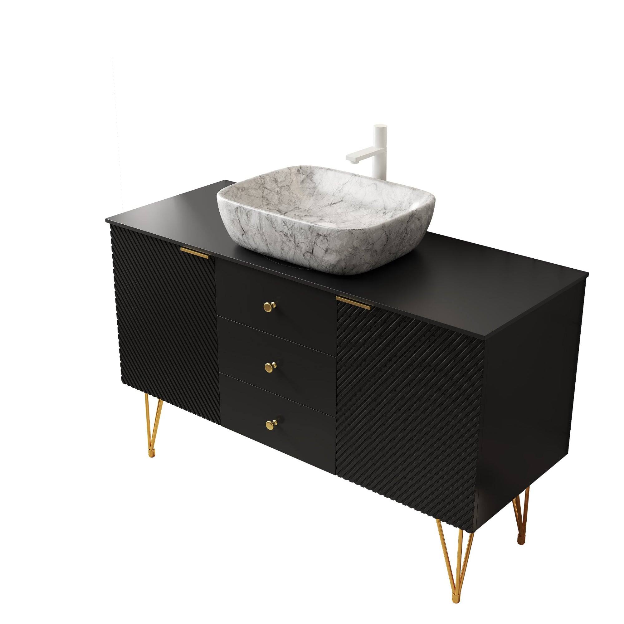 Alt View 4. Boyel Living - 48 Bathroom Vanity with 3 Drawers 2 Doors White Marble Pattern Ceramic Vessel Basin Sintered Stone Black - Black,Stone Gray.