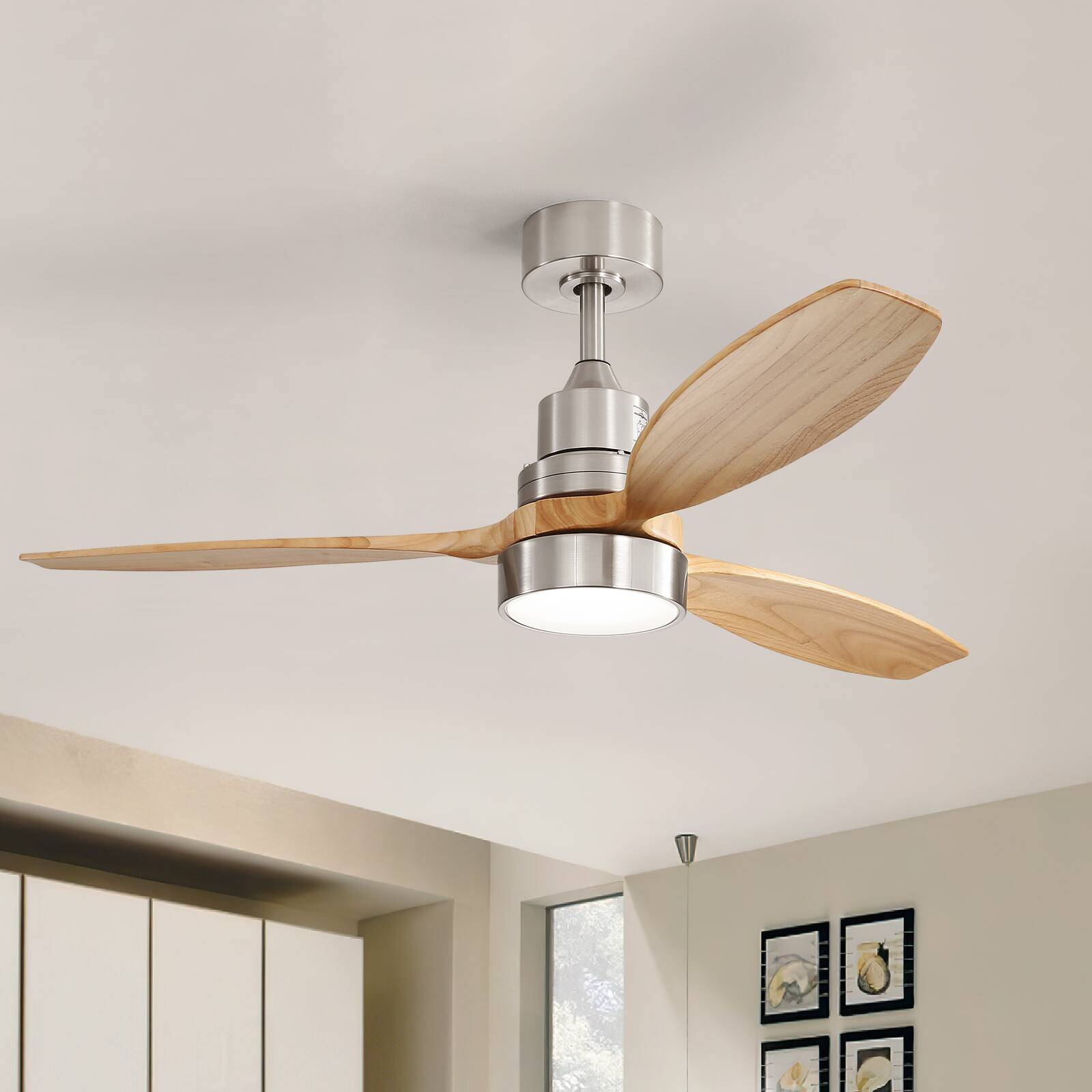 Alt View 1. Sofucor - 52” Outdoor Remote Ceiling Fan with Light and Solid Wood Blade 3CCT Dimmable LED 6-Speed Reversible Motor - Silver.