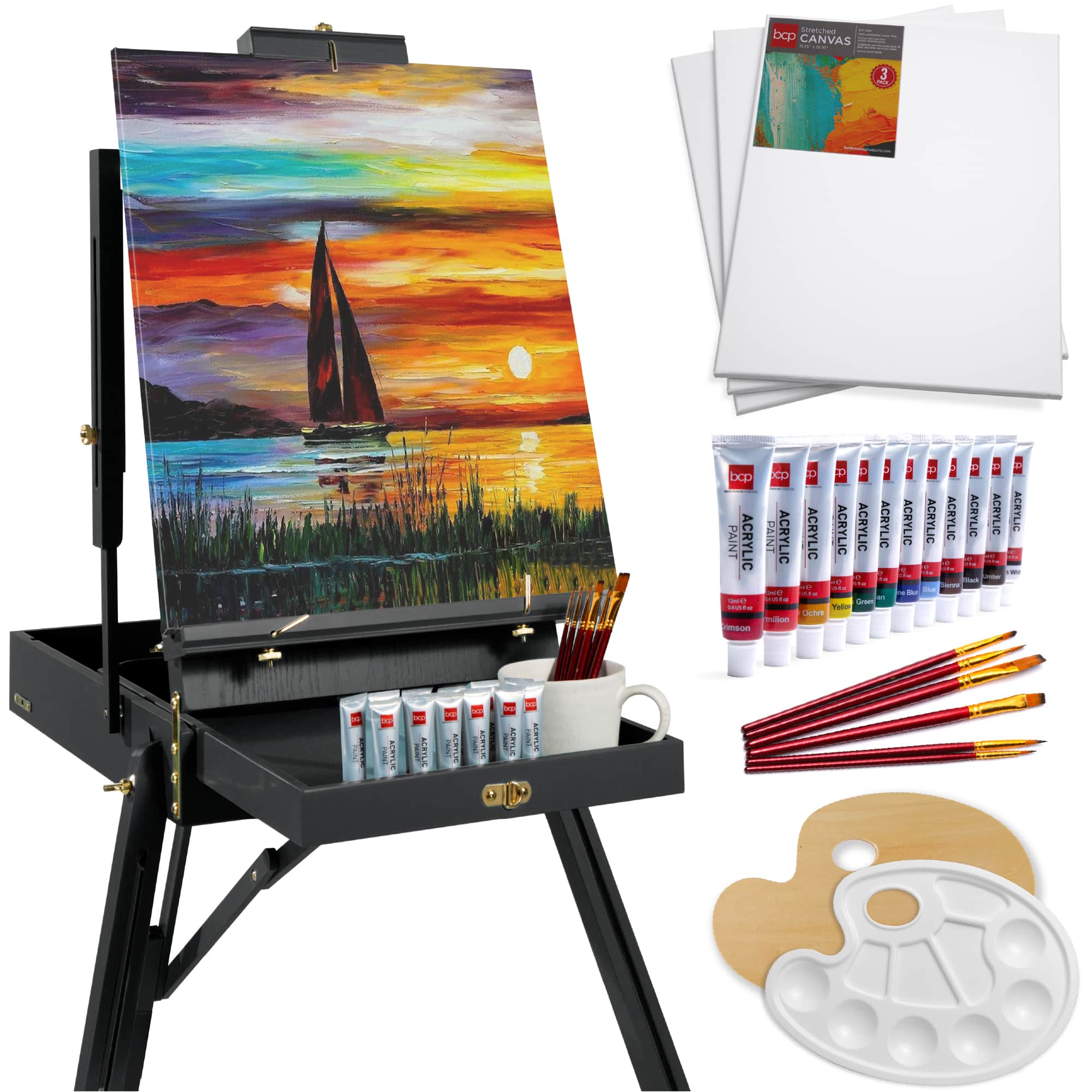 Best Choice Products - French Easel, 32pc Beginners Kit Portable Wooden Adjustable Tripod w/ Paint Supplies - Black