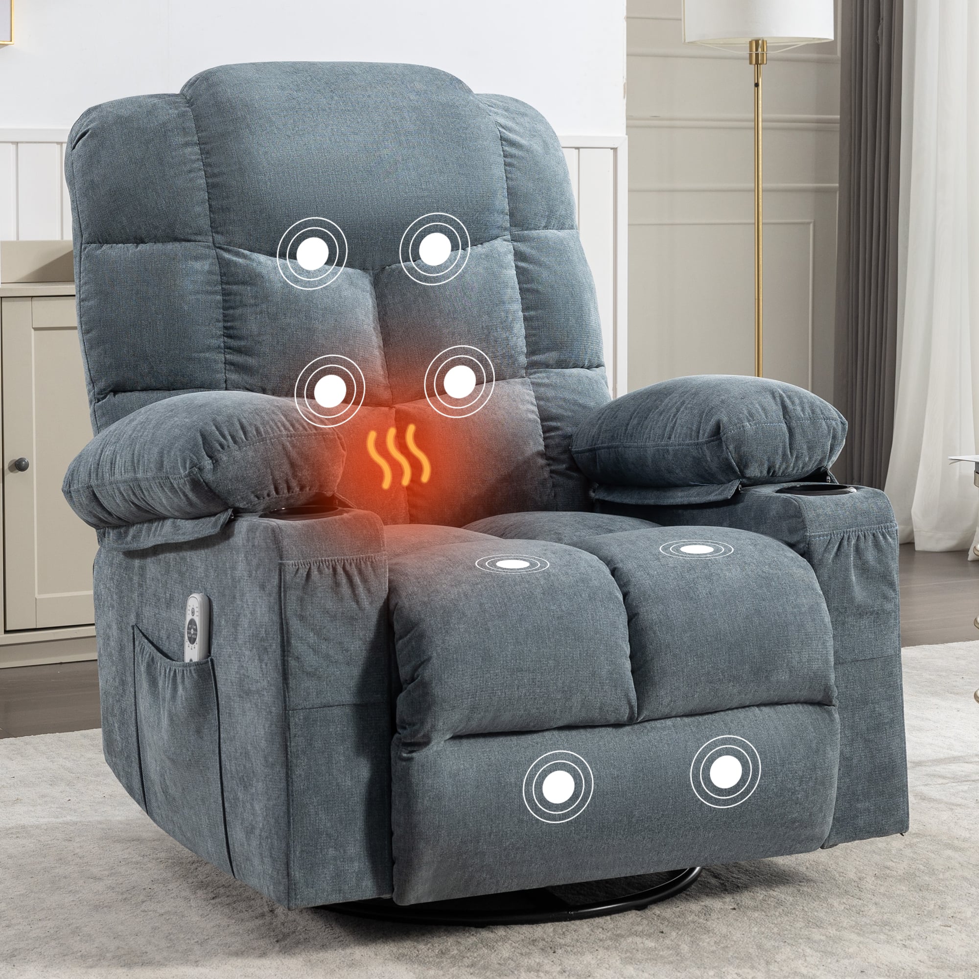 TinyHomie - Massage Rocker Recliner Chair Rocking Chairs with 2 Cup Holders USB Charge Port Soft Features a Manual Massage and Heat - Blue
