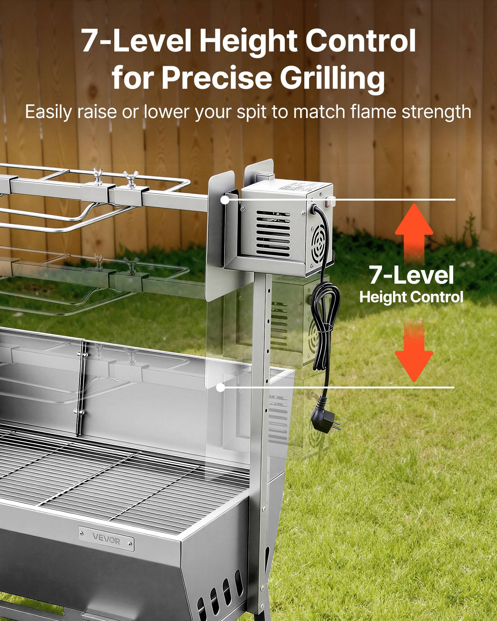 7-Level Height Control for Precise Grilling  
Easily raise or lower your spit to match flame strength  

7-Level Height Control