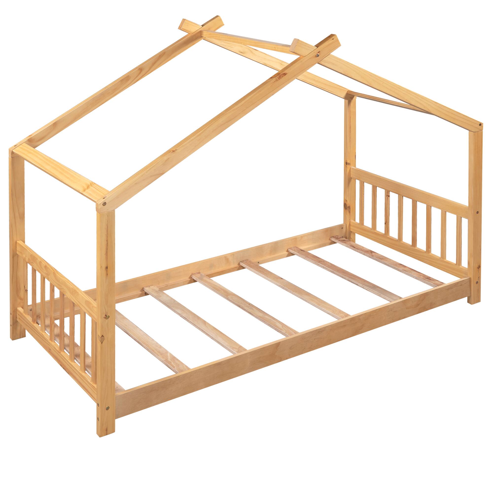 Back. Spaco - Spaco Twin House Bed with Roof Headboard, Low Platform Design, Solid Pine Wood Frame and Easy Assembly for Kids Room - Natural.