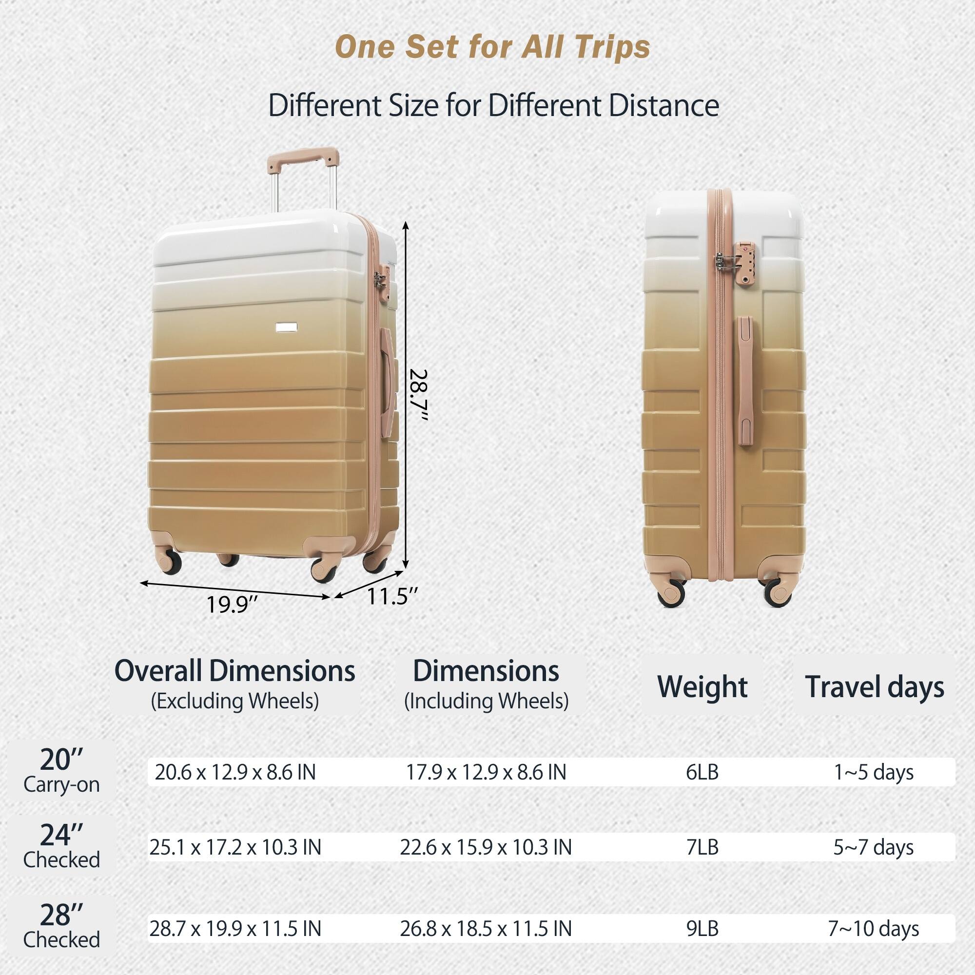 One Set for All Trips  
Different Size for Different Distance  

28.7"  
19.9"  
11.5"  

Overall Dimensions (Excluding Wheels) | Dimensions (Including Wheels) | Weight | Travel days  
--- | --- | --- | ---  
20" Carry-on | 20.6 x 12.9 x 8.6 IN | 17.9 x 12.9 x 8.6 IN | 6LB | 1~5 days  
24" Checked | 25.1 x 17.2 x 10.3 IN | 22.6 x 15.9 x 10.3 IN | 7LB | 5~7 days  
28" Checked | 28.7 x 19.9 x 11.5 IN | 26.8 x 18.5 x 11.5 IN | 9LB | 7~10 days