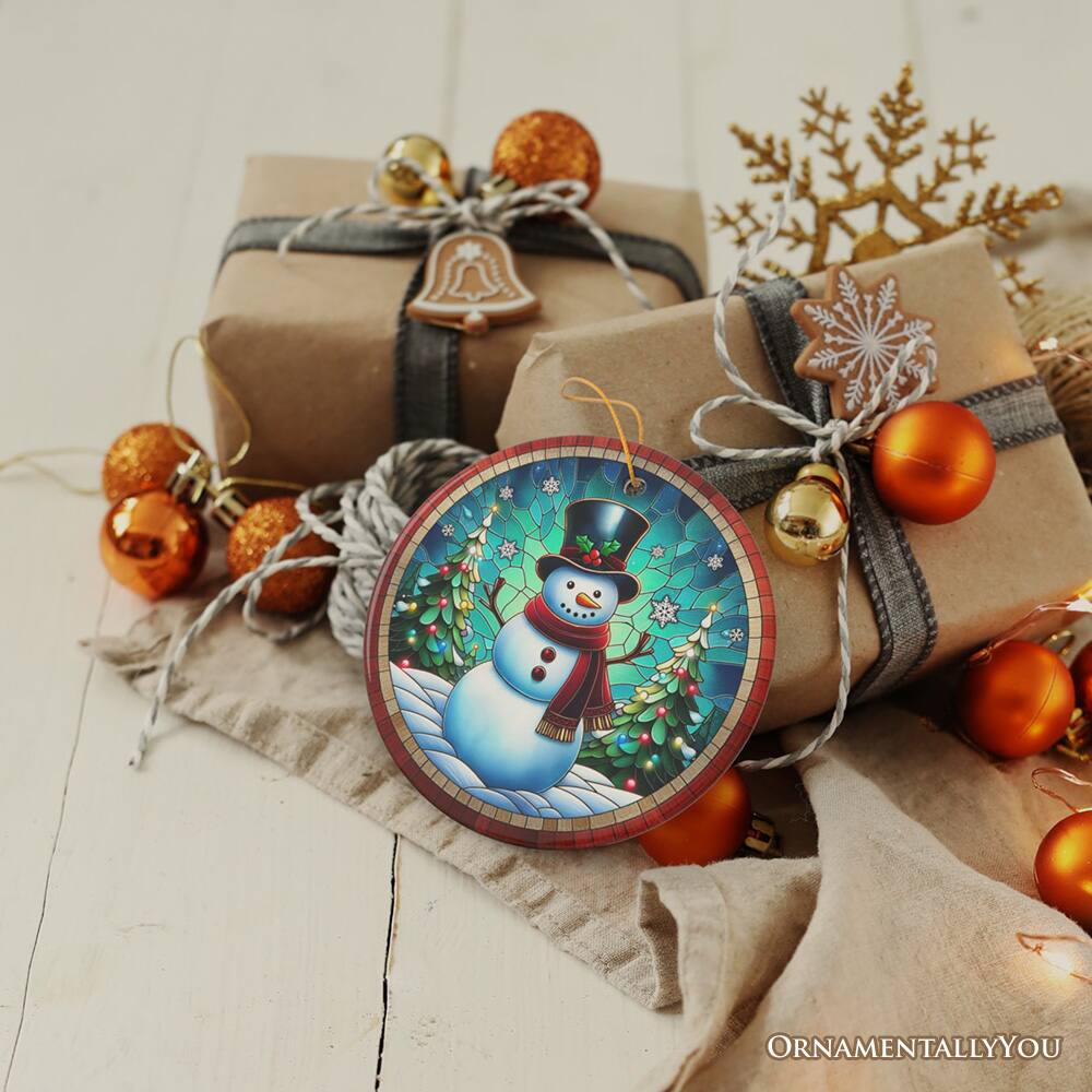 Back. OrnamentallyYou - Snowman Window Art Stained Glass Style Ceramic Ornament Christmas Gift and Decor - Multi-colored.