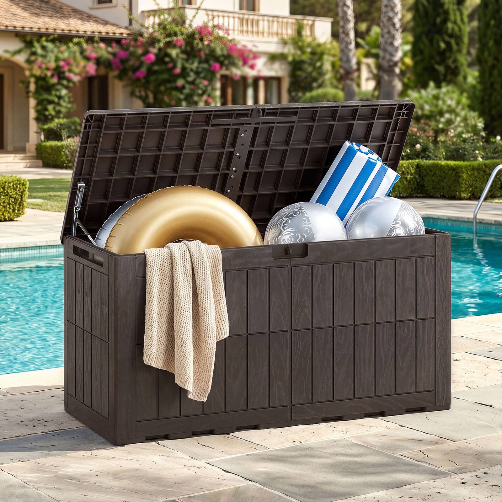 Alt View 4. Costway - Costway 100 Gal Outdoor Deck Box, All-Weather Lockable Storage Bin with Lid and Handles - Dark Brown.