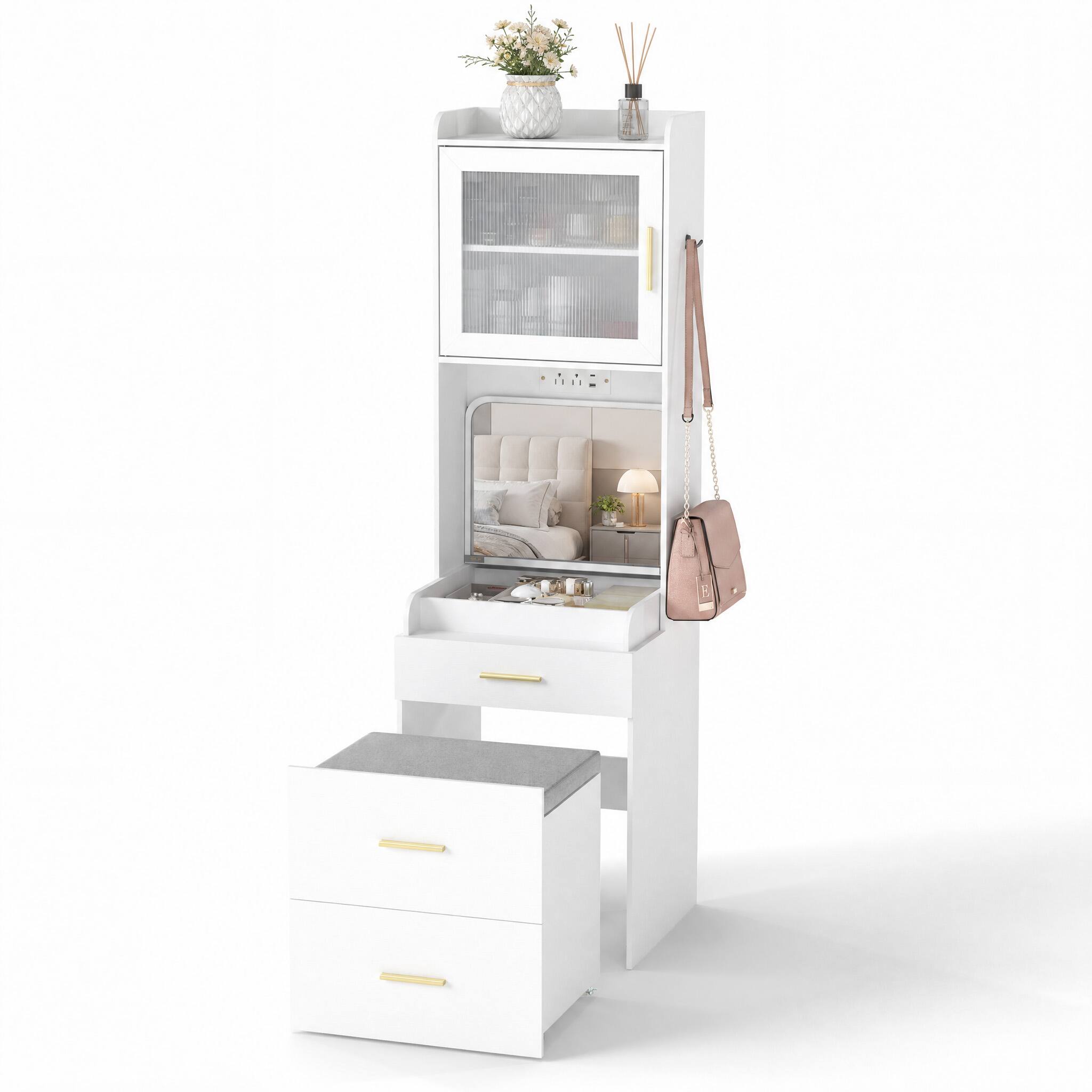 Alt View 5. WELLFOR - Makeup Vanity with Flip‑Top Mirror & Built‑in Charging Station,Dressing Table with Glass Cabinet, Rolling Storage Stool - White.