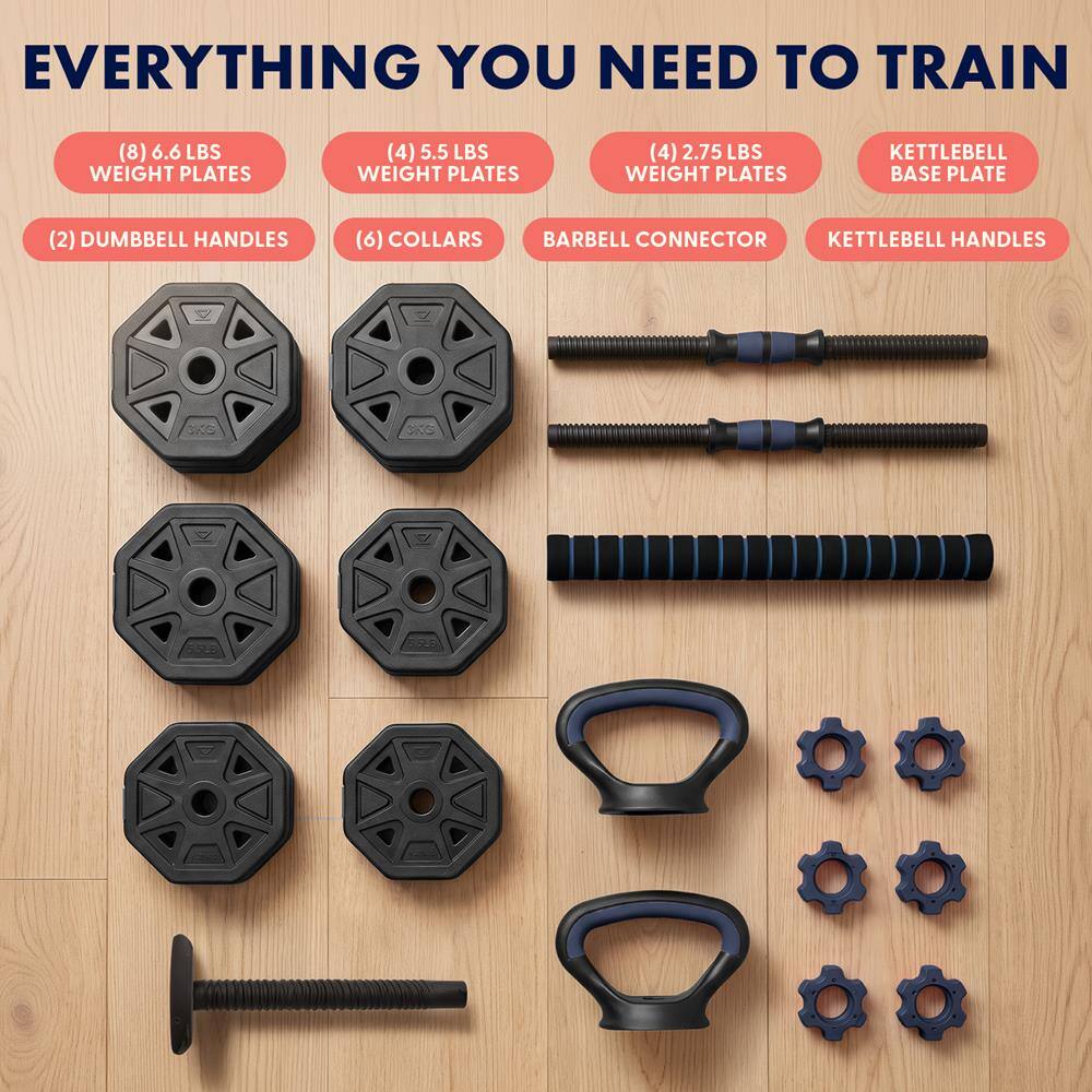 EVERYTHING YOU NEED TO TRAIN

(8) 6.6 LBS WEIGHT PLATES  
(4) 5.5 LBS WEIGHT PLATES  
(4) 2.75 LBS WEIGHT PLATES  
KETTLEBELL BASE PLATE  
(2) DUMBBELL HANDLES  
(6) COLLARS  
BARBELL CONNECTOR  
KETTLEBELL HANDLES  
SKG  
3KG