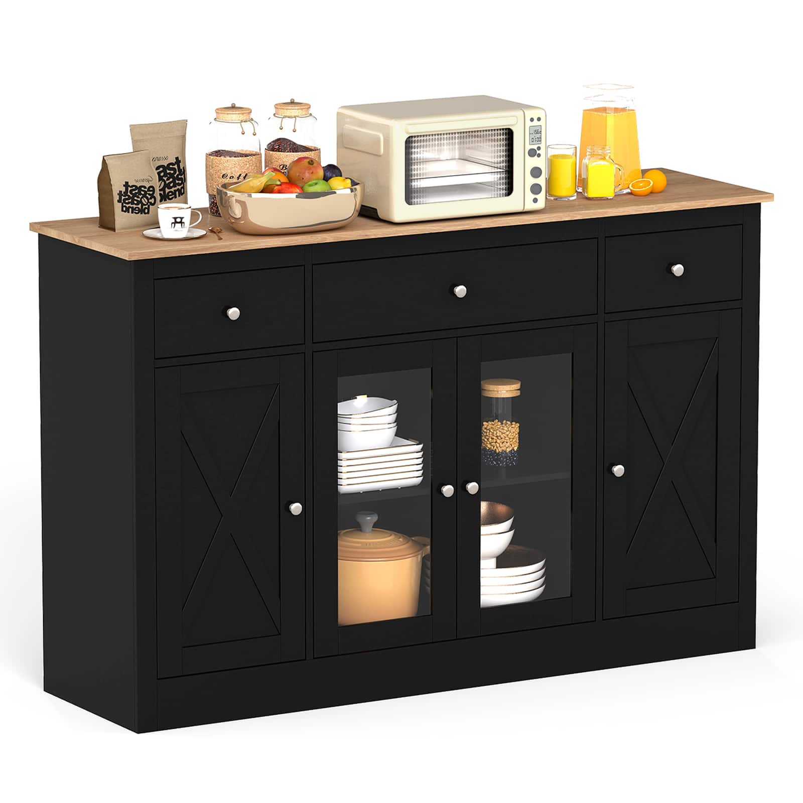 Gymax - 55'' Large Buffet Sideboard w/ 3 Drawers 2 See-through Doors Adjustable Shelves - Black