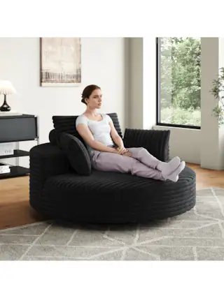 Front. Trinkets Crazed - 55" L Oversized Swivel Chair, Upholstered Corduroy Comfy Accent Chaise Lounge Sofa Chair - Black.