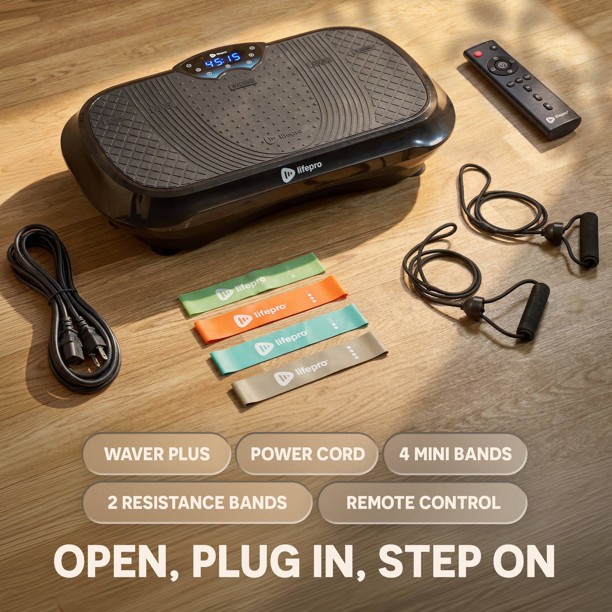 LOGGING
45:15 15 BOGGING WALKING I'dlll''''   lifepro
RUNNING!!
P -
Stepro"
0000 lifepro ....  lifepro ....  lifepro lifepro
WAVER PLUS
POWER CORD
4 MINI BANDS
2 RESISTANCE BANDS
REMOTE CONTROL
OPEN, PLUG IN, STEP ON