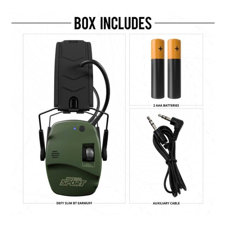 BOX INCLUDES

- 2 AAA BATTERIES
- ISO SPORT DEFY SLIM BT EARMUFF
- AUXILIARY CABLE