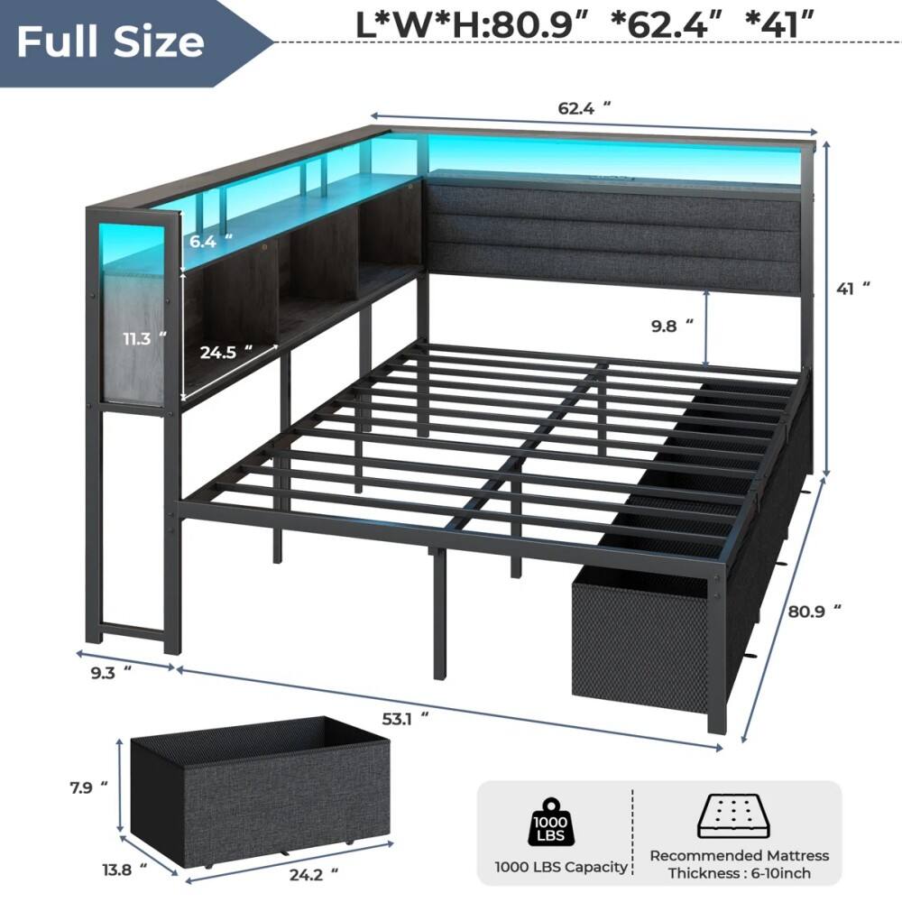 Full Size L*W*H: 80.9" * 62.4" * 41"  
62.4" - 6.4" - 41"  
11.3" - 24.5"  
9.8"  
80.9" - 9.3" - 53.1" - 7.9" - 13.8" - 24.2"  
1000 LBS Capacity  
Recommended Mattress Thickness: 6-10 inch