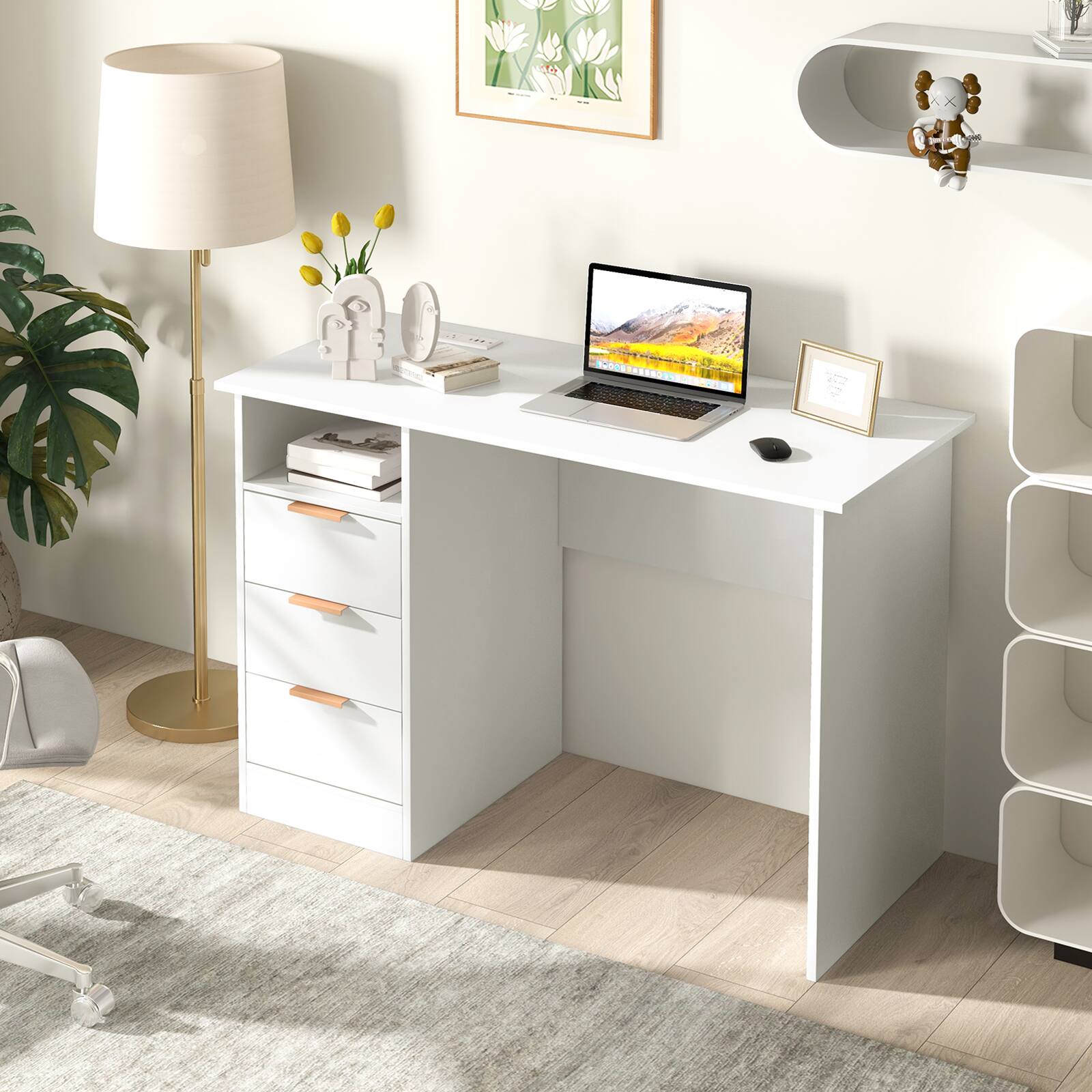 Alt View 1. Ecooso - Home Office Desk with Power Outlet, 3 Drawers and Open Storage Compartment for Study Room - White.