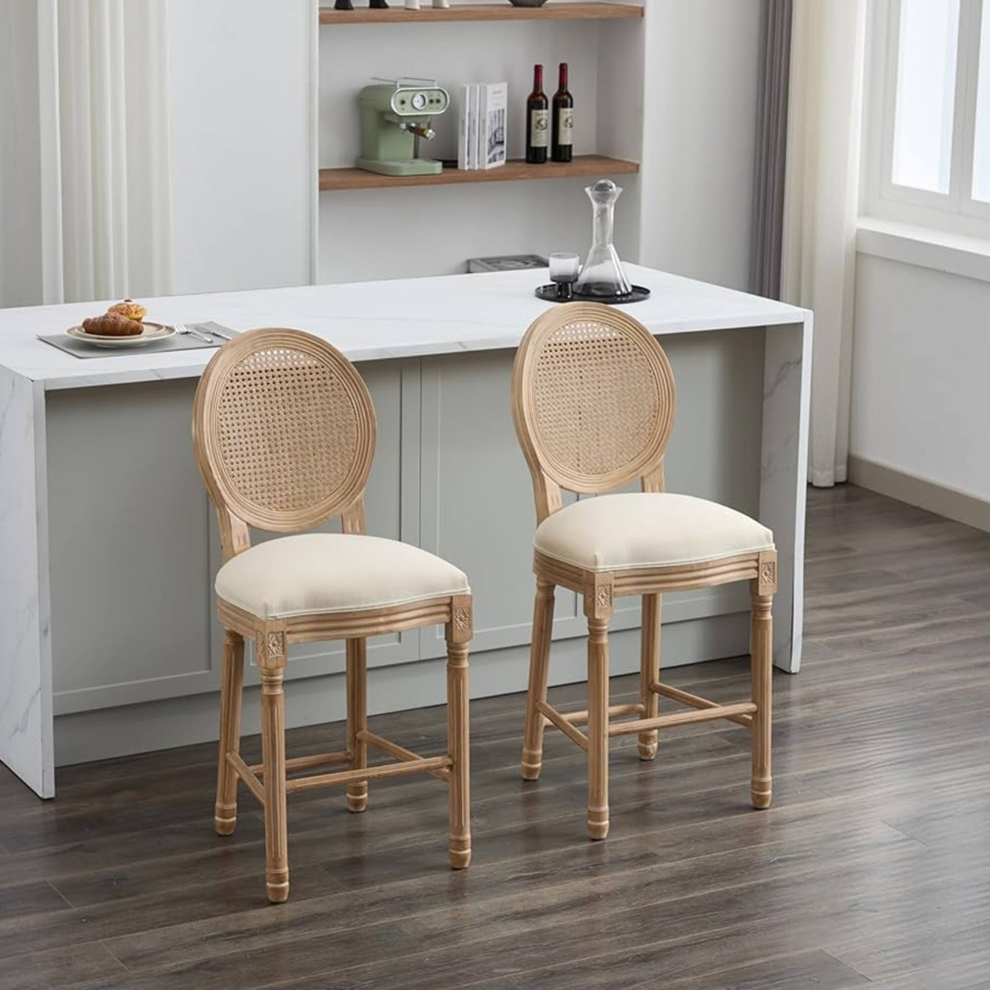 Alt View 7. HTUTWOO - Solid Wood Bar stools Set of 2, French Country Counter Height Chairs, with Rattan Back for Kitchen Island, Dining Room - Beige .
