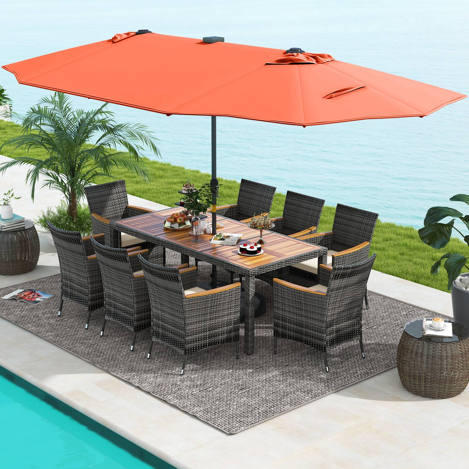 Alt View 3. Costway - 11 PCS Patio Dining Set with 15 ft Double-Sided Patio Umbrella 8 Armchairs - Mix Gray,Beige,Orange.