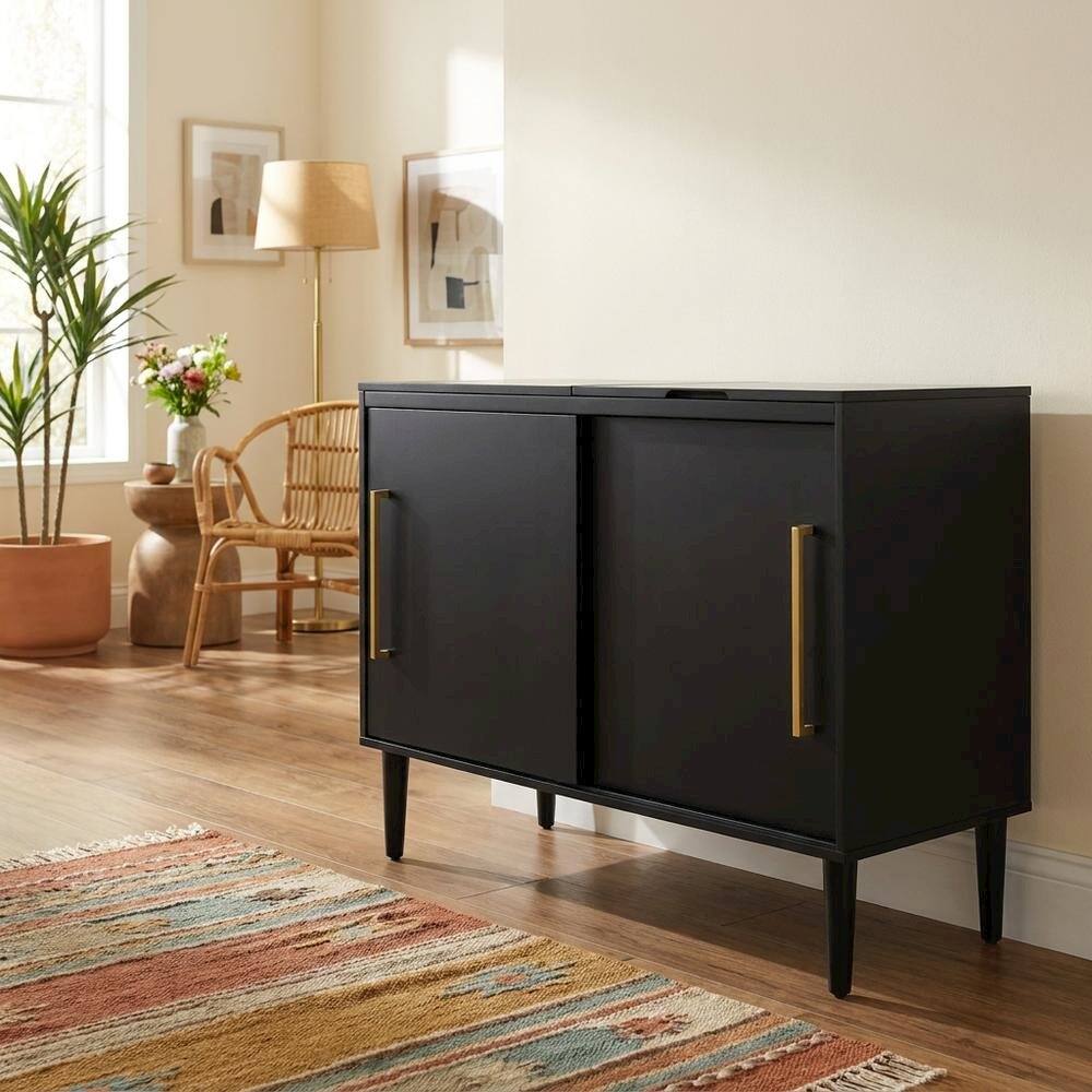 Alt View 5. FurniFact - Black Large Record Player Cabinet - Matte Black.