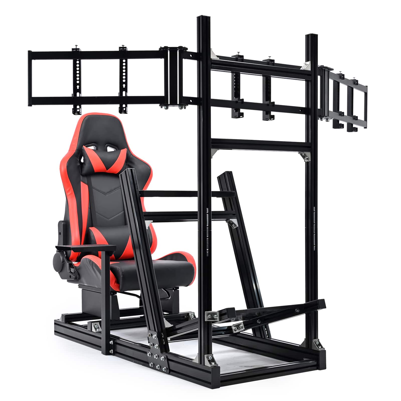 Dardoo - Aluminum Sim Racing Cockpit with Triple Monitor Stand & Seat,Fit for Logitech, for Thrustmaster, for Fanatec - Red & Black