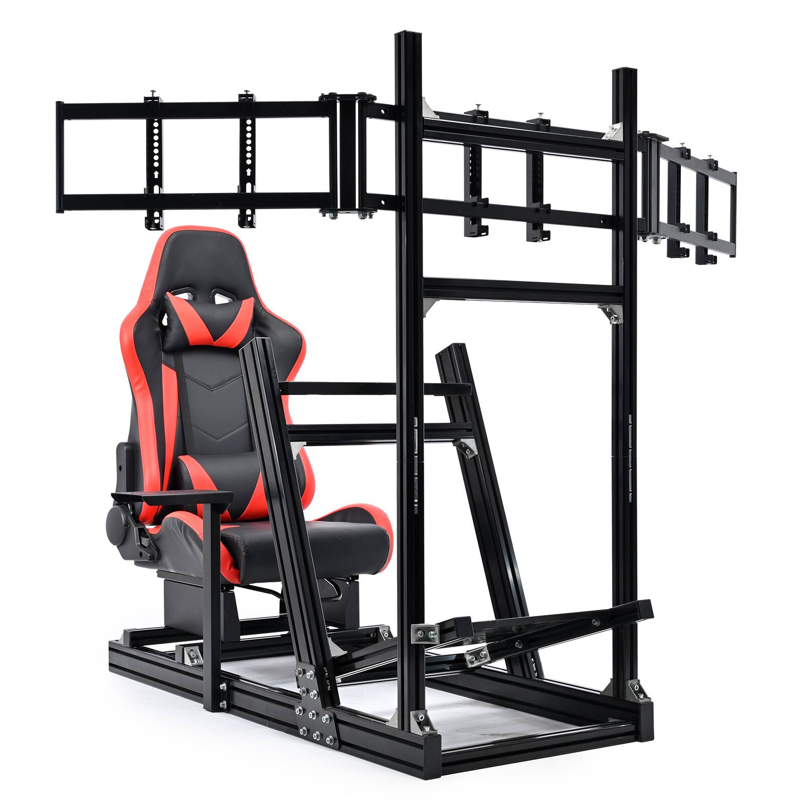 Front. Dardoo - Dardoo Aluminum Sim Racing Cockpit with Triple Monitor Stand & Seat,Fit for Logitech, for Thrustmaster, for Fanatec - Red & Black.