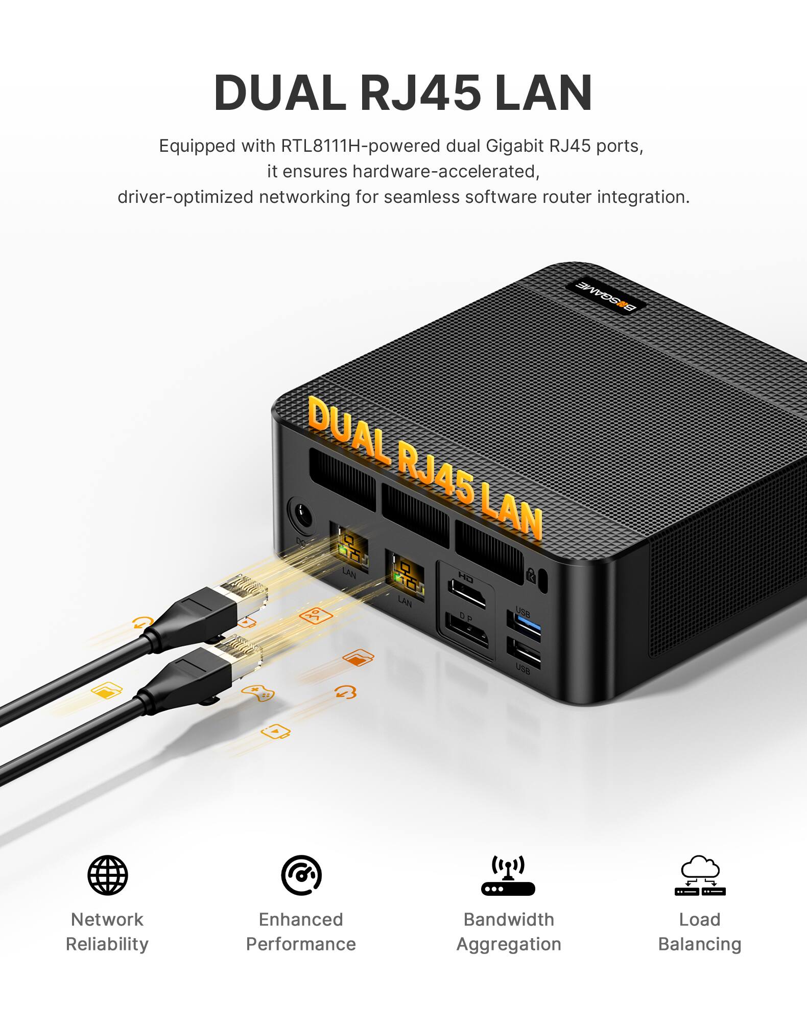 DUAL RJ45 LAN  
Equipped with RTL8111H-powered dual Gigabit RJ45 ports, it ensures hardware-accelerated, driver-optimized networking for seamless software router integration.  

BNSGAME DUAL RJ45 LAN  
USB  
Network Reliability  
Enhanced Performance  
Bandwidth Aggregation  
Load Balancing