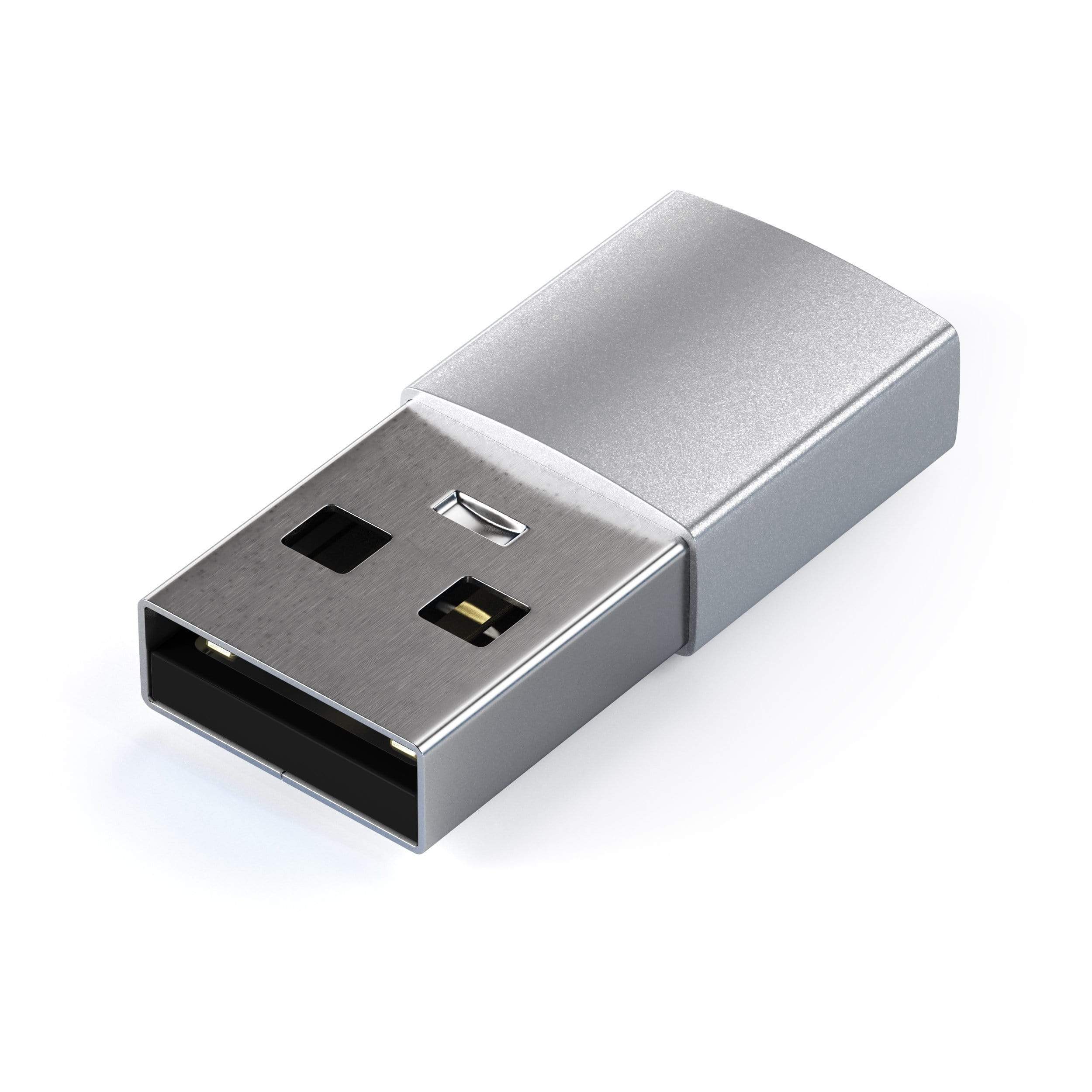 Angle. Satechi - USB-A to USB-C Adapter - High-Speed Data Transfer & Power Delivery Charging, Designed for CarPlay - Silver.