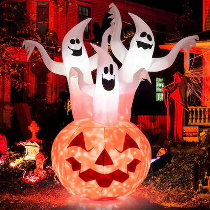 Front. Costway - 6 FT Inflatable Halloween Tree White Ghosts with Pumpkin Decor w/ Rotating Lamp - White/Pumpkin.