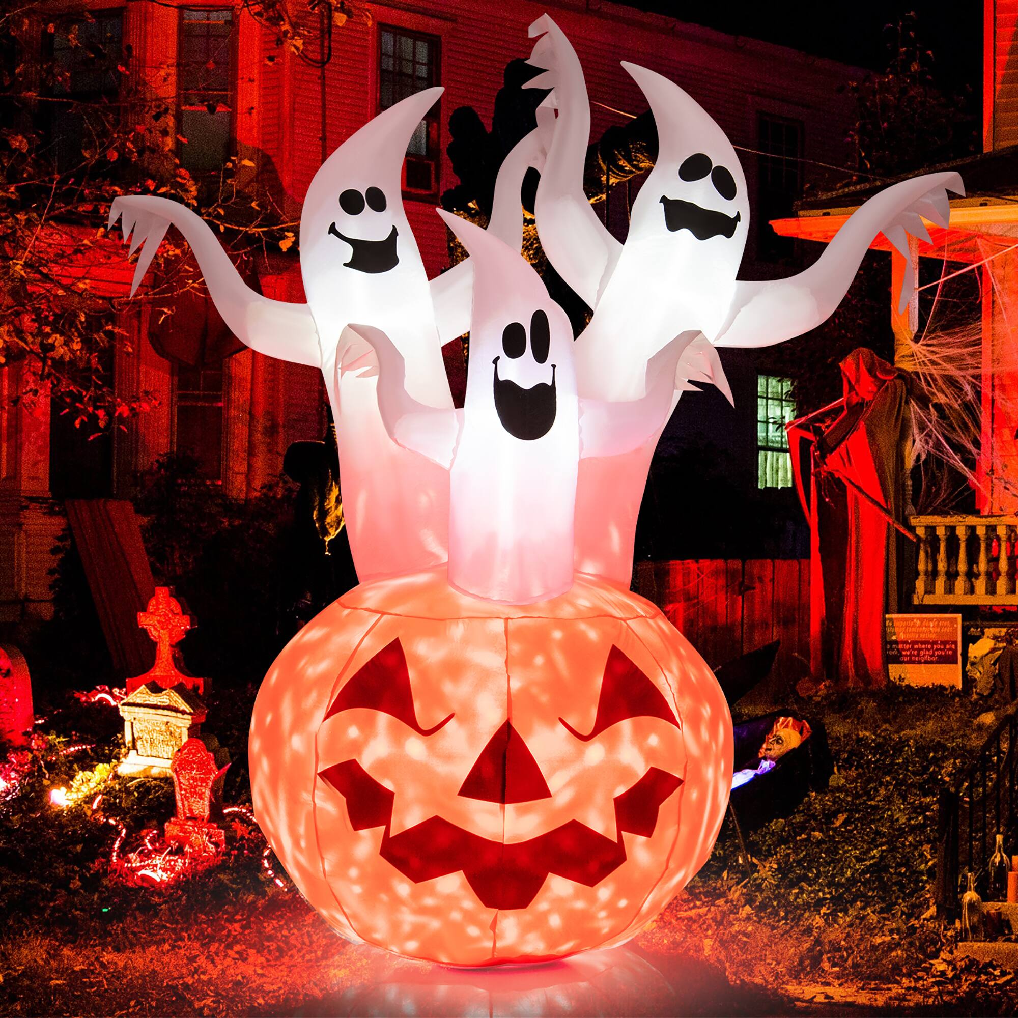 Front. Costway - 6 FT Inflatable Halloween Tree White Ghosts with Pumpkin Decor w/ Rotating Lamp - White/Pumpkin.