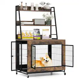 Costway - 38" Heavy-Duty Dog Kennel on Wheels w/ Pull-out Tray Indoor Pet Furniture Wood Dog House