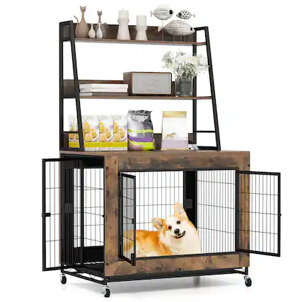 Front. Costway - Costway 38" Heavy-Duty Dog Kennel on Wheels w/ Pull-out Tray Indoor Pet Furniture Wood Dog House.