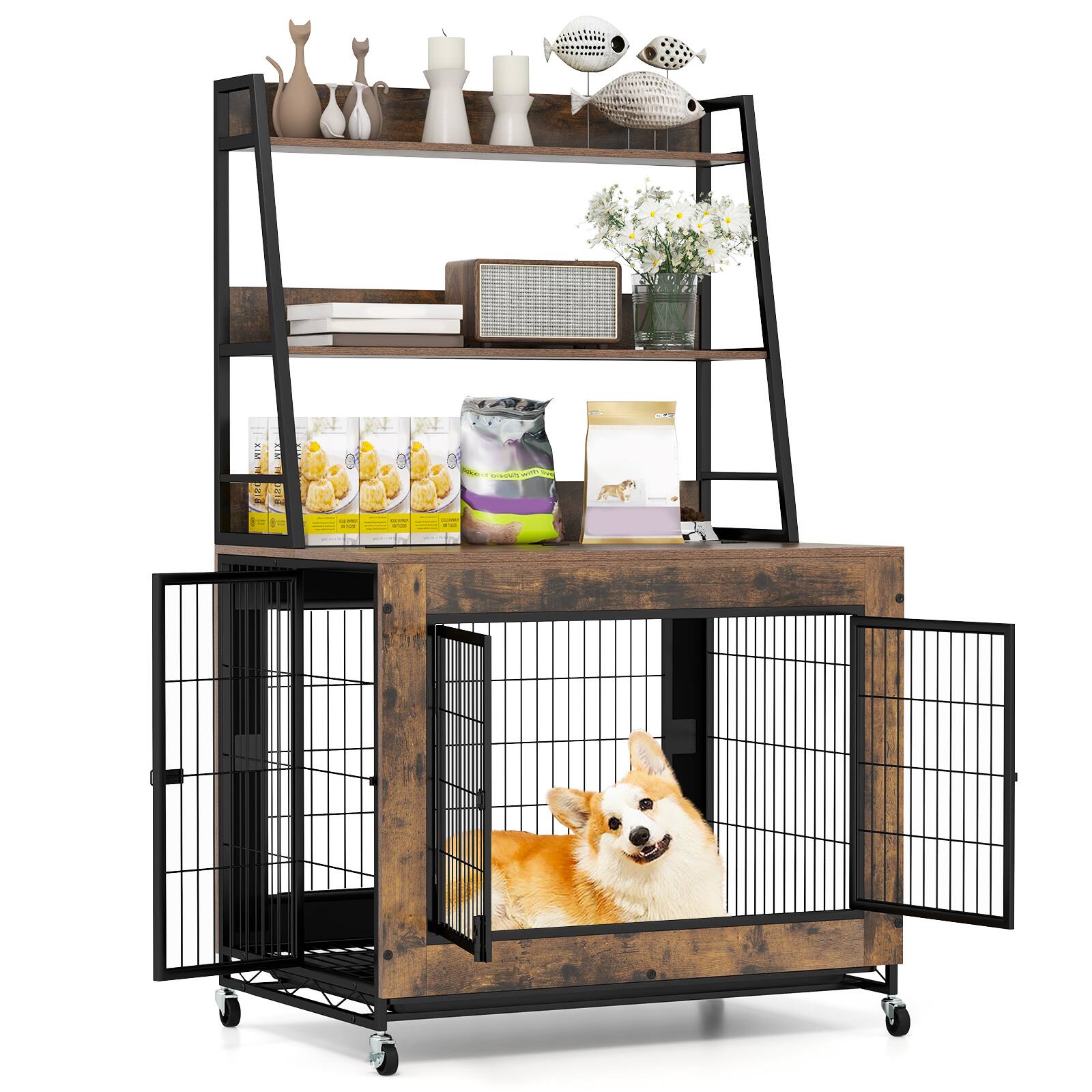 Front. Costway - Costway 38" Heavy-Duty Dog Kennel on Wheels w/ Pull-out Tray Indoor Pet Furniture Wood Dog House.