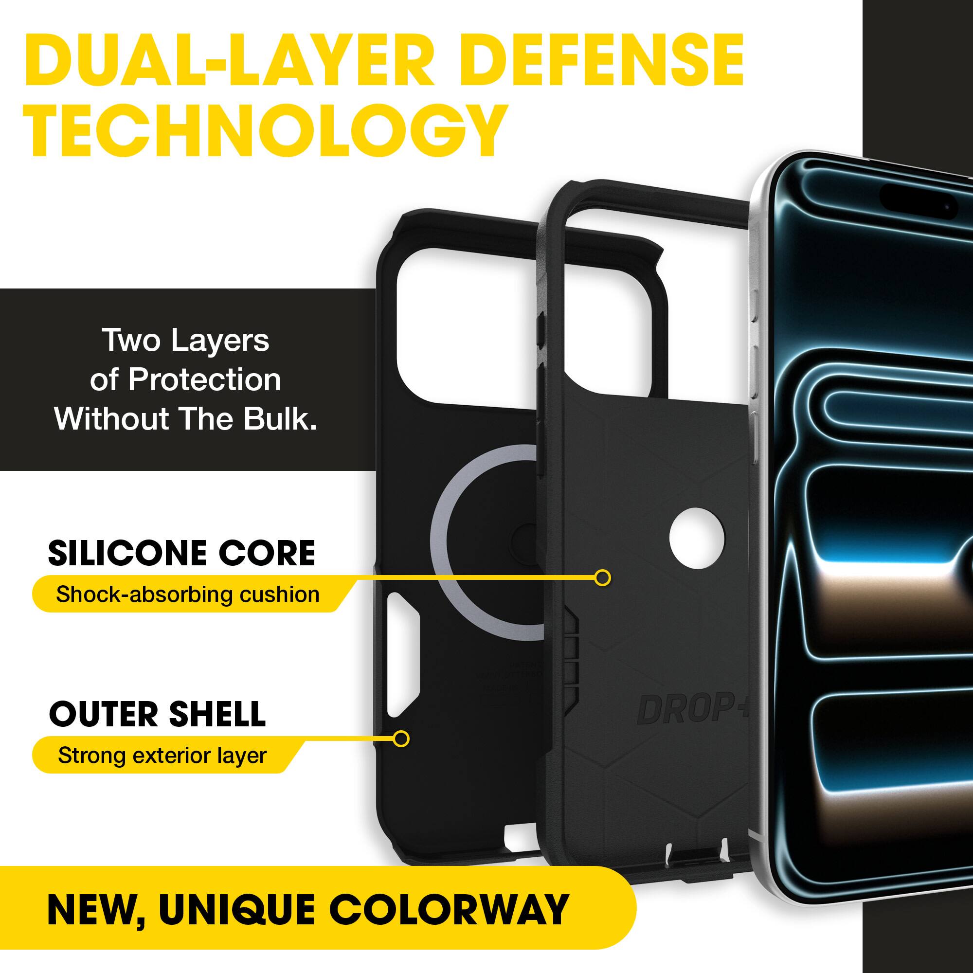 DUAL-LAYER DEFENSE TECHNOLOGY  
Two Layers of Protection Without The Bulk.  
SILICONE CORE  
Shock-absorbing cushion  
OUTER SHELL  
Strong exterior layer  
NEW, UNIQUE COLORWAY