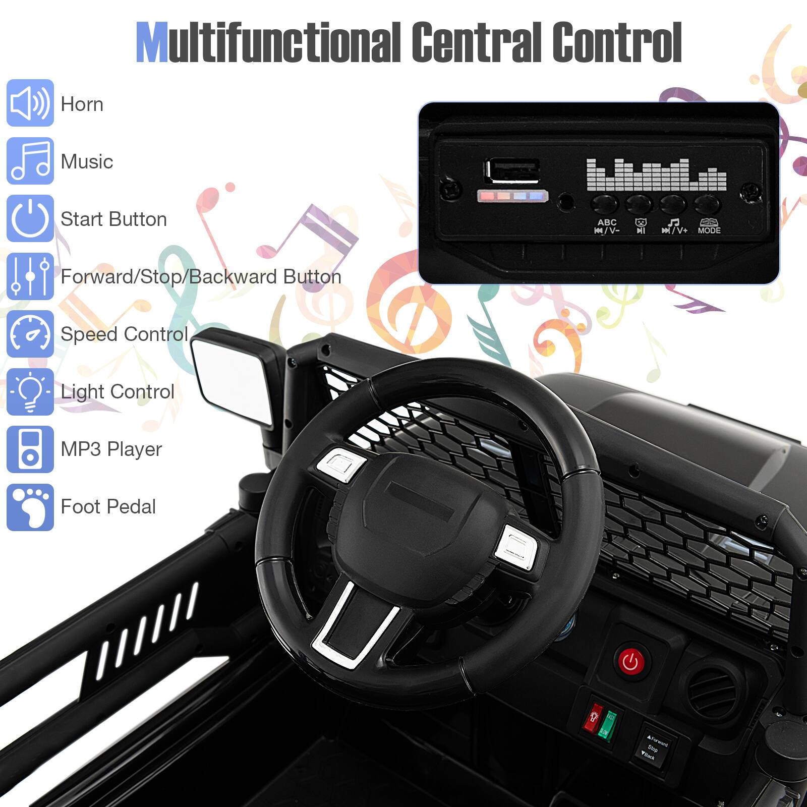 Multifunctional Central Control

- Horn
- Music
- Start Button
- Forward/Stop/Backward Button
- Speed Control
- Light Control
- MP3 Player
- Foot Pedal

Central Control

- ABC
- M/V-
- M/V+
- MODE