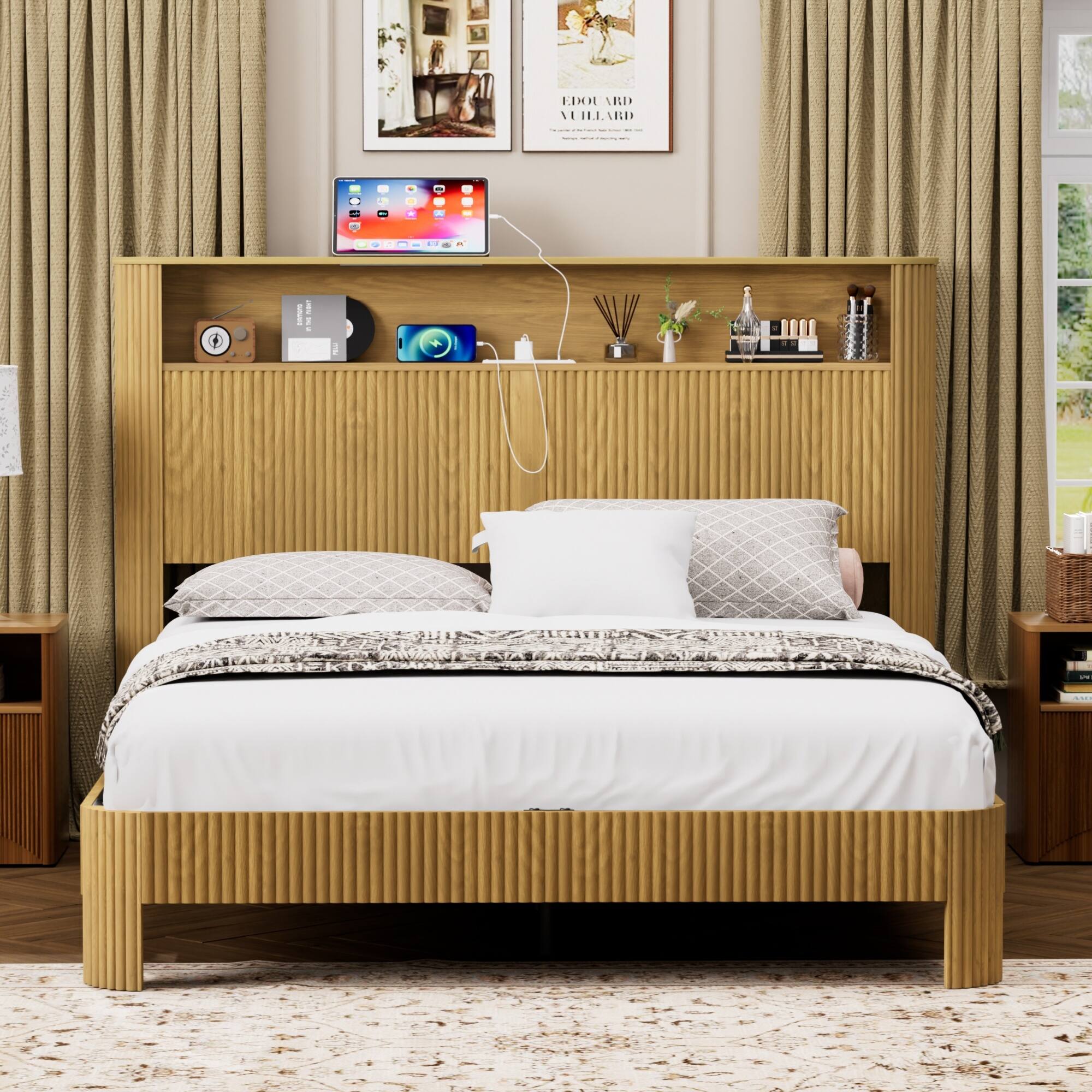 Alt View 1. GOODSILO - Queen Size Storage Bed Frame with Charging Station and Wavy Curved Headboard Design in Natural Finish - Natural.