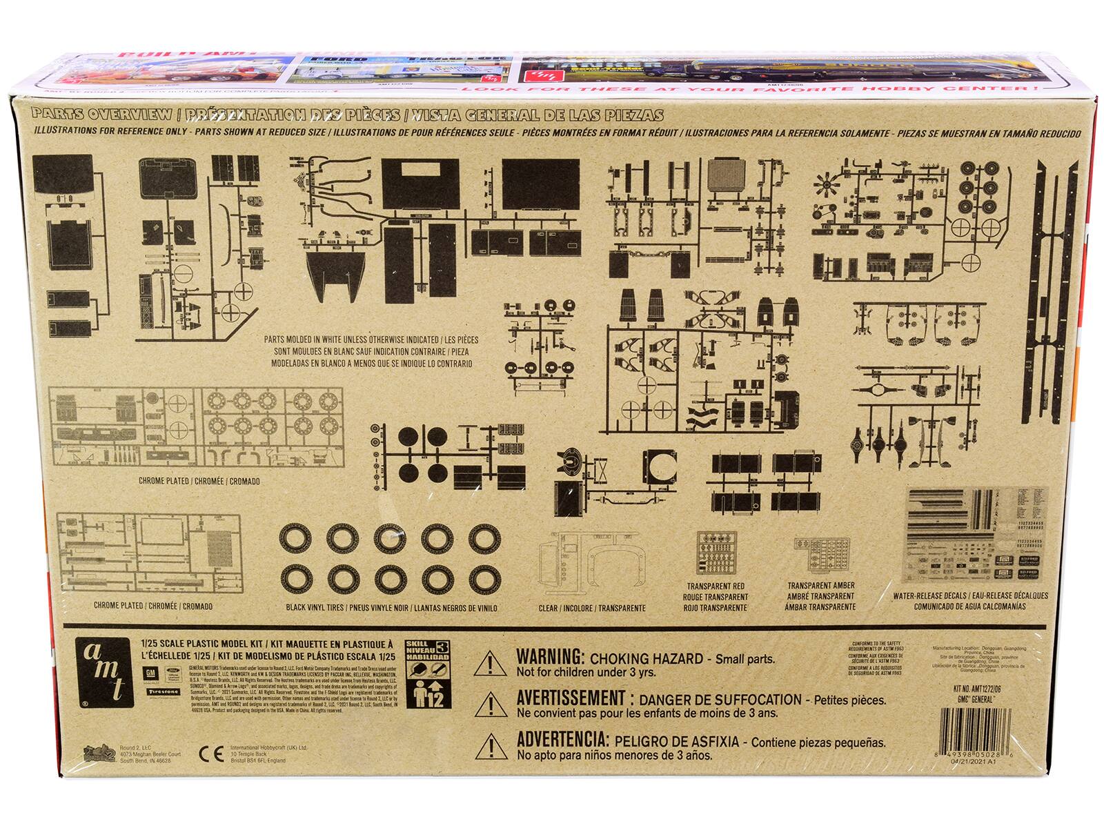 PARTS OVERVIEW | PRÉSENTATION DES PIÈCES  
ILLUSTRATIONS FOR REFERENCE ONLY - PARTS SHOWN AT REDUCED SIZE | ILLUSTRATIONS DE POUR RÉFÉRENCES SEULE - PIÈCES MONTREES EN FORMAT RÉDUIT | ILLUSTRACIONES PARA LA REFERENCIA SOLAMENTE - PIEZAS SE MUESTRAN EN TAMAÑO REDUCIDO  

PARTS MOULDED WHITE UNLESS OTHERWISE INDICATED | LES PIÈCES SONT MOULÉES EN BLANC SAUF INDICATION CONTRAIRE | PIEZA MODELADAS BLANCO MENOS OUE INDIQUE CONTRARIO  

CHROME PLATED | CHROME / CROMADO  

BLACK VINYL TIRES | PNEUS NOIRS VINYLE | LLANTAS NEGROS VINIL | ROUGE TRANSPARENTE | TRANSPARENTE  

TRANSPARENT AMBER | AMBRE TRANSPARENTE | AMBAR TRANSPARENTE  

WATER RELEASE DECALS | ÉAU RELEASE DECALQUES | COMUNICADO AGUA CALCOMANIAS  

1/25 SCALE PLASTIC MODEL KIT | KIT MAQUETTE EN