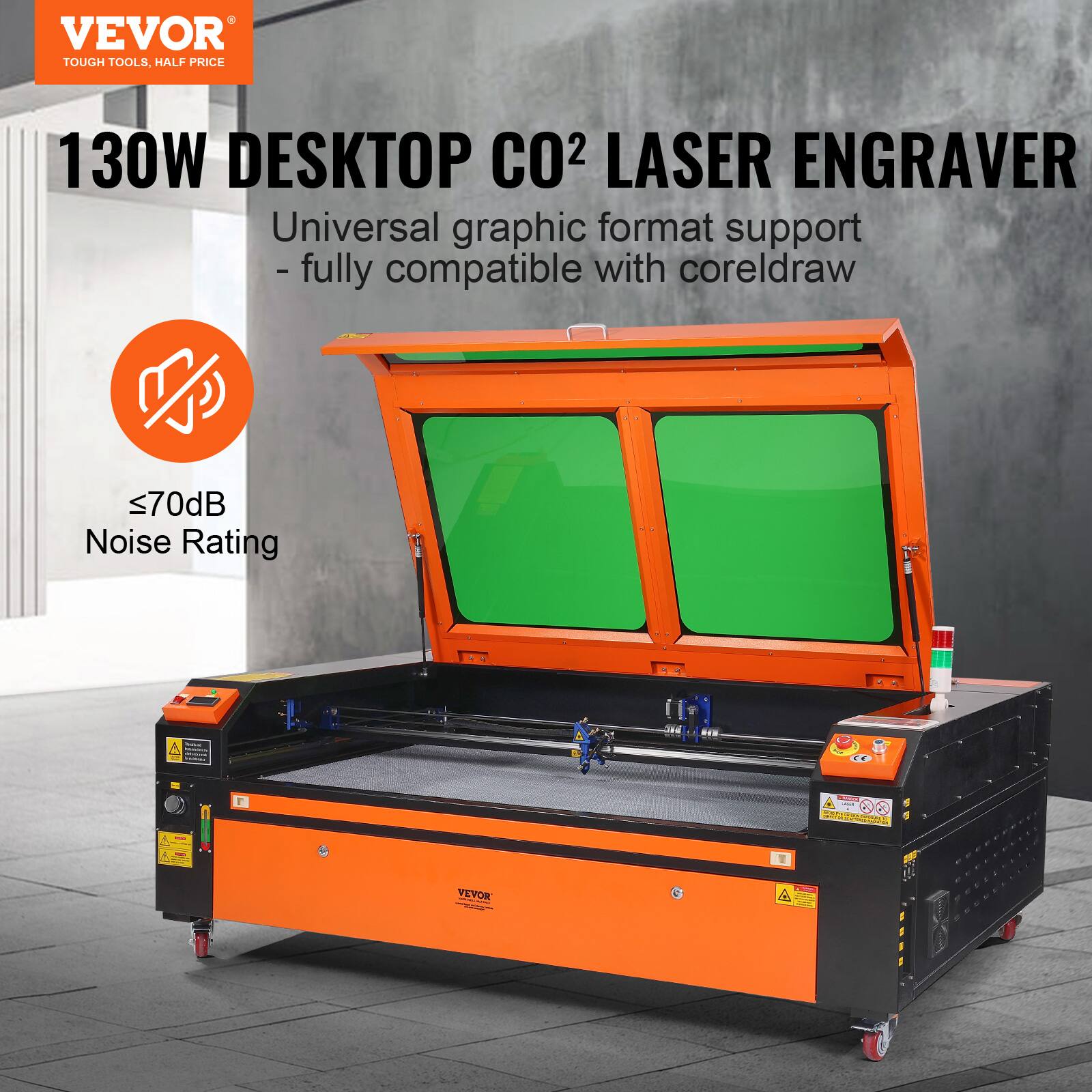 VEVOR  
TOUGH TOOLS. HALF PRICE  

130W DESKTOP CO2 LASER ENGRAVER  

Universal graphic format support  
- fully compatible with coreldraw  

≤70dB Noise Rating