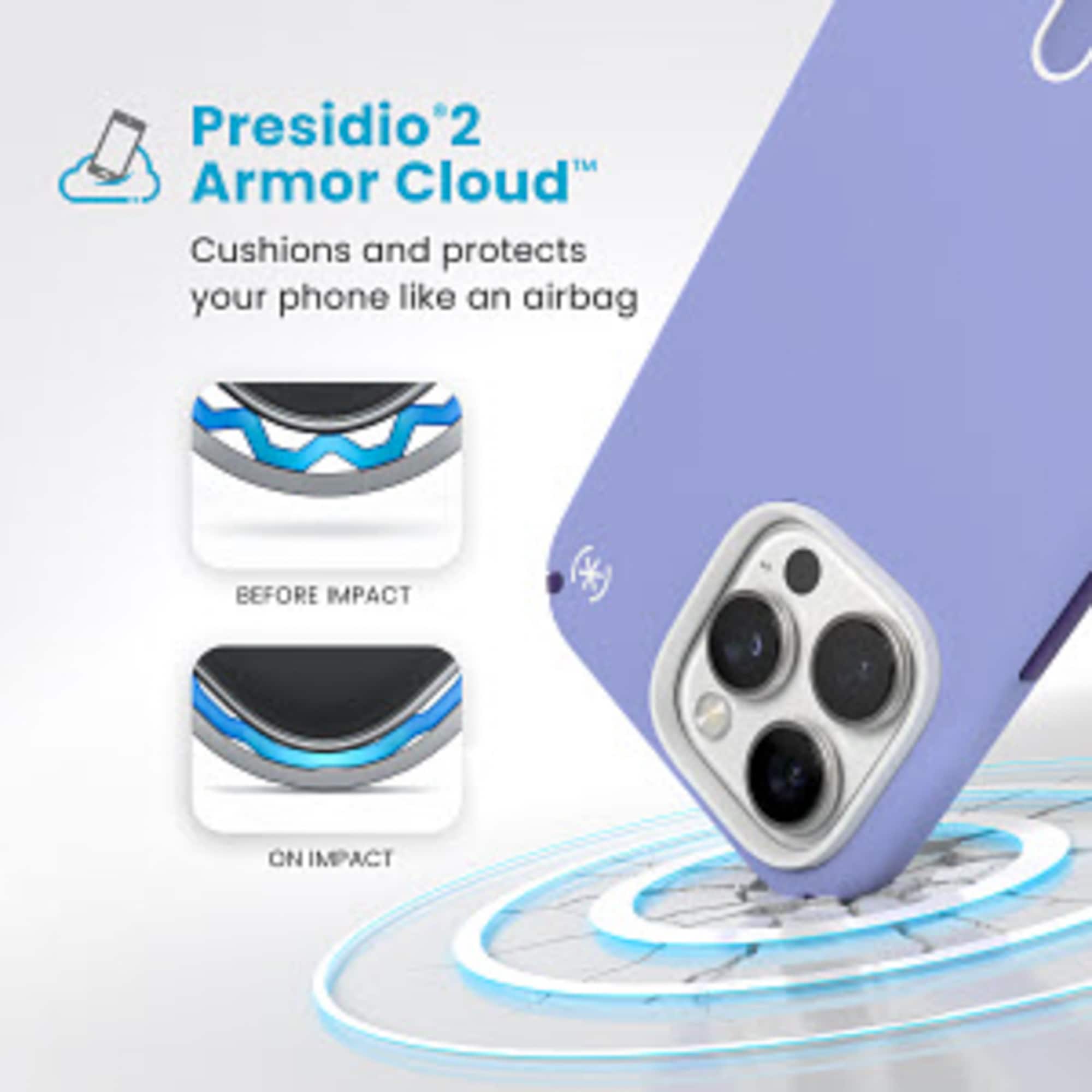 Presidio 2 Armor Cloud: Cushions and protects your phone like an airbag. Before impact. On impact.